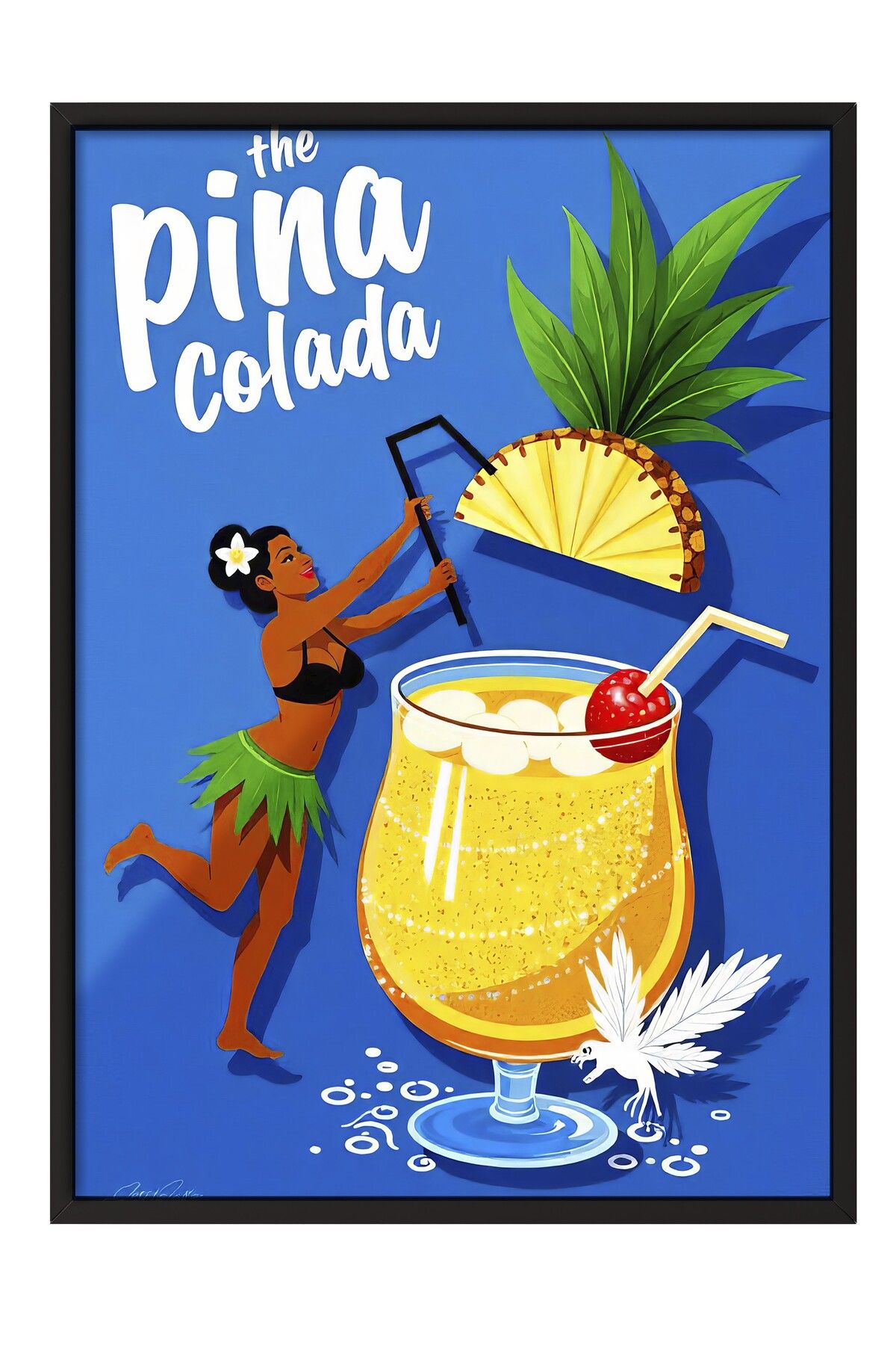 Postifull Siyah Çerçeveli Tablo, Pina Colada, İllüstrasyon, Maximalist, Lacivert Renk Poster, 2025 Yaz Seçkisi