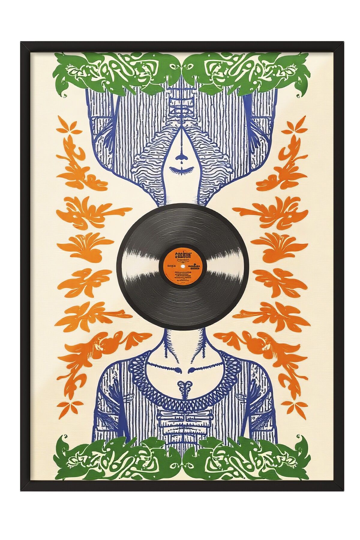 Postifull Siyah Çerçeveli Tablo, Plak Kadını, İllüstrasyon, Maximalist, Turuncu Renk Poster, 2025 Yaz Seçkisi,