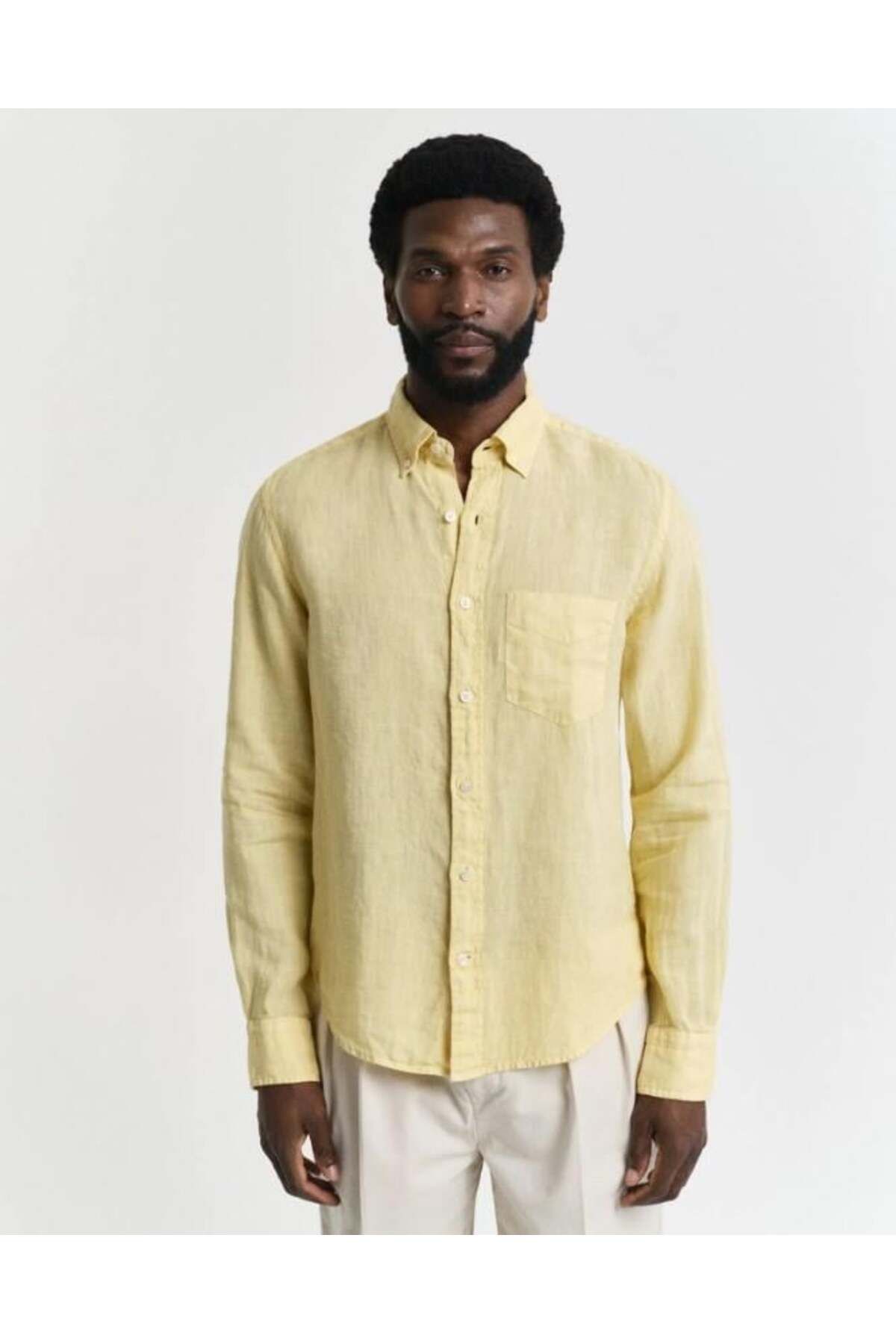 Gant Erkek Sarı Regular Fit Düğmeli Yaka Keten Gömlek