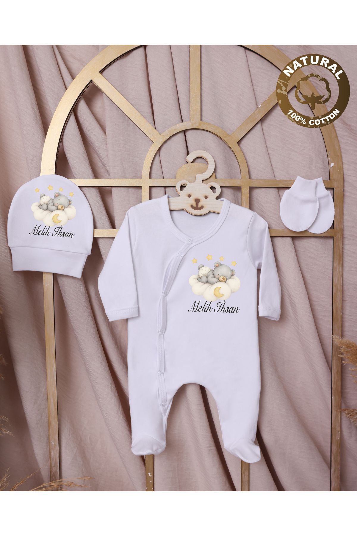 yzc home size dair... R79 T İsme özel İsimli Baskılı Bebek Hediyelik Tulum Şapka Eldiven Set %100 Pmk
