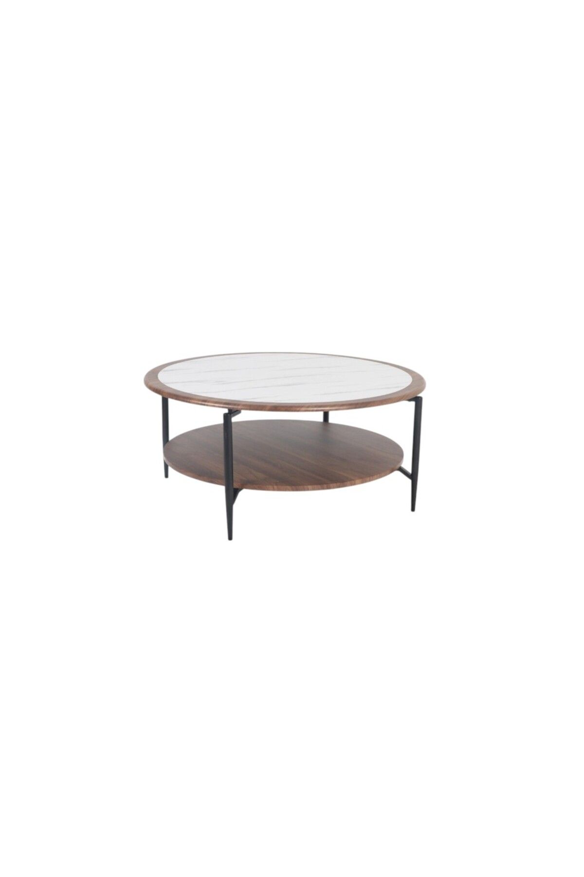 mr-everything-A large circular coffee table with a design that combines the luxury of white marble with the warmth of walnut wood, with a practical lower shelf for storage. 2