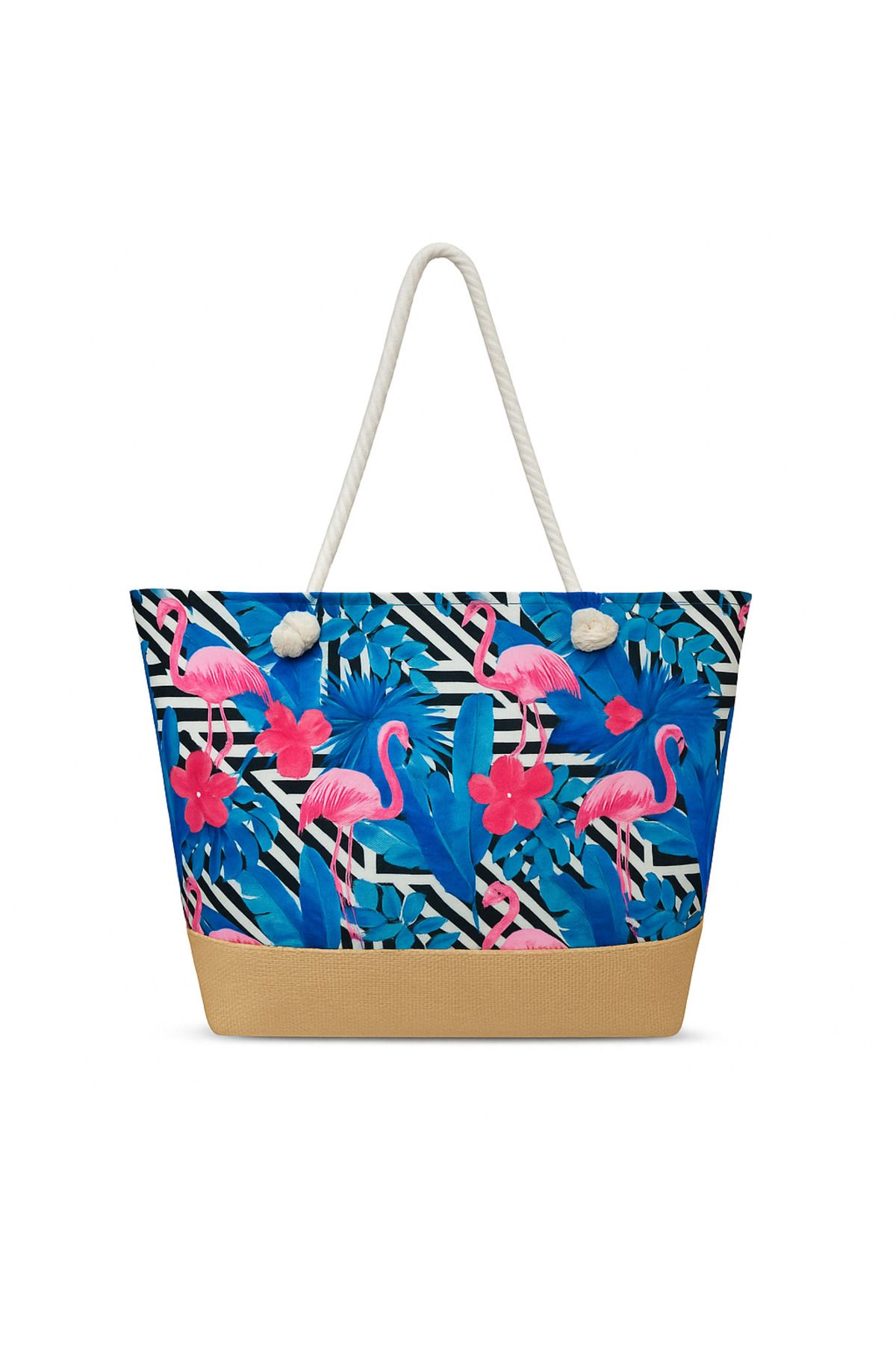 shop Tropikal Flamingo Desenli Jüt Tabanlı Plaj Çantası – Halat Saplı, Büyük Boy