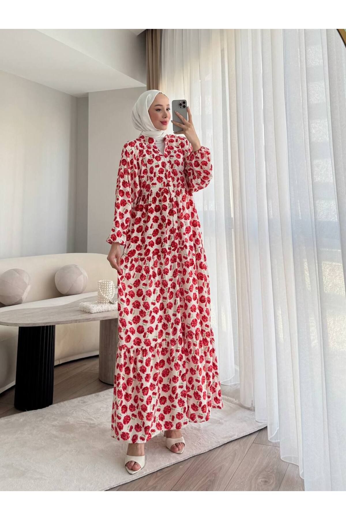 Qastel ÇİÇEK VE KİRAZ DESEN VİSKON KUMAŞ HARİKA ELBİSE