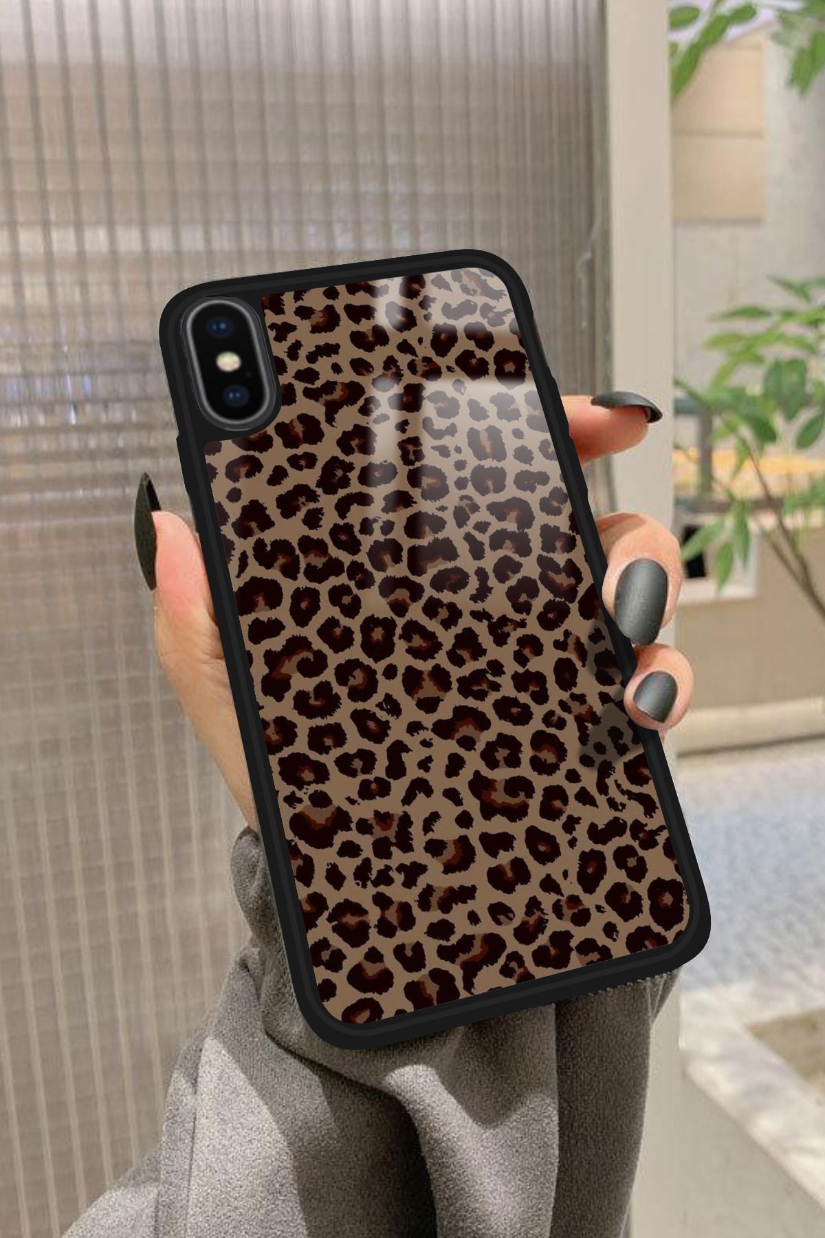 Snacase iPhone Xs Uyumlu Kahverengi Leopar Tasarımlı Glossy Premium Kılıf