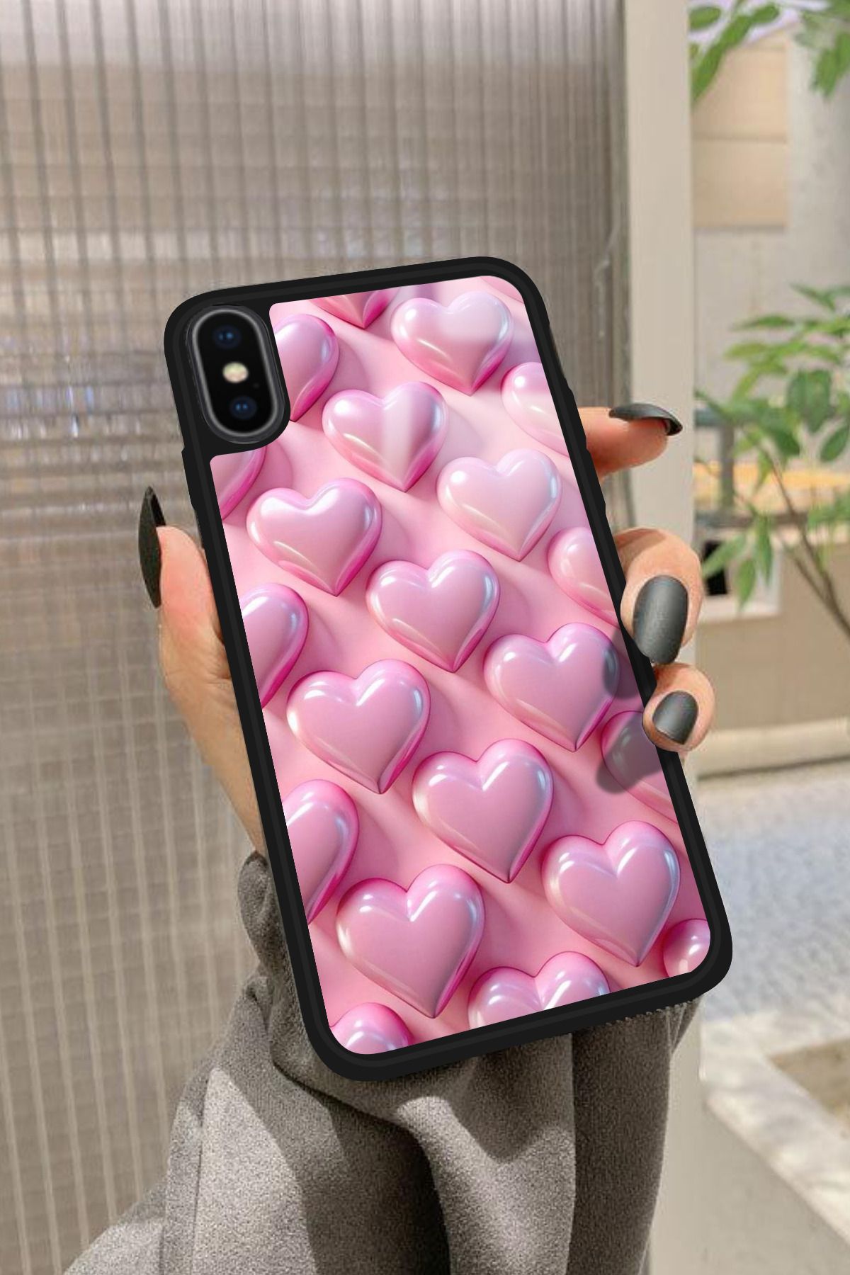 Snacase iPhone Xs Max Uyumlu Pembe Kalp Tasarımlı Glossy Premium Kılıf