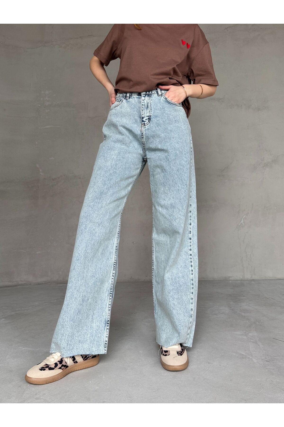 Cappmoda JEAN-08129 Açık Mavi Kesik Paça Kot Kumaş Yüksek Bel Palazzo Jean