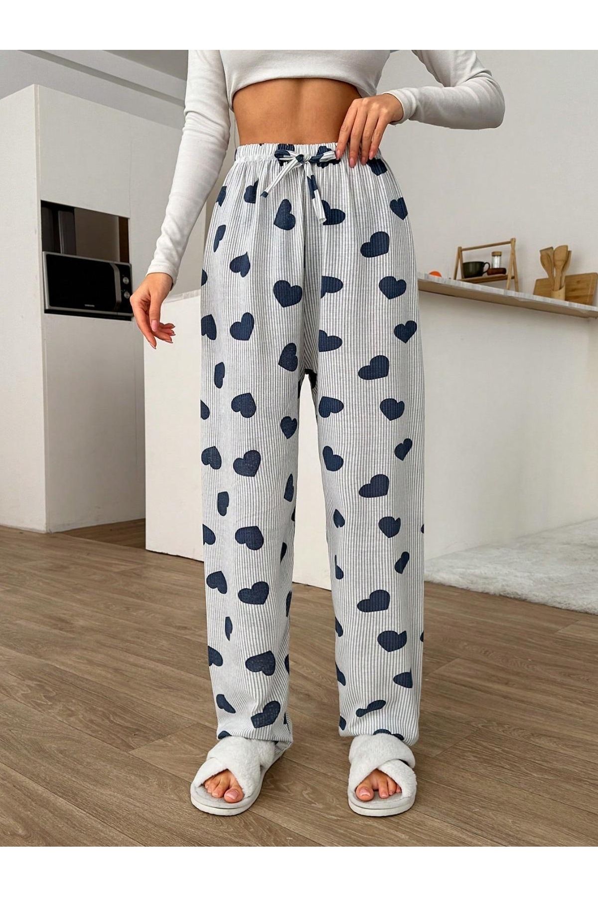 FORVENS Pamuklu İnce Nefes Alan Kumaş Kurdele Bel Detaylı Baskılı Cepsiz Kadın Pijama Altı