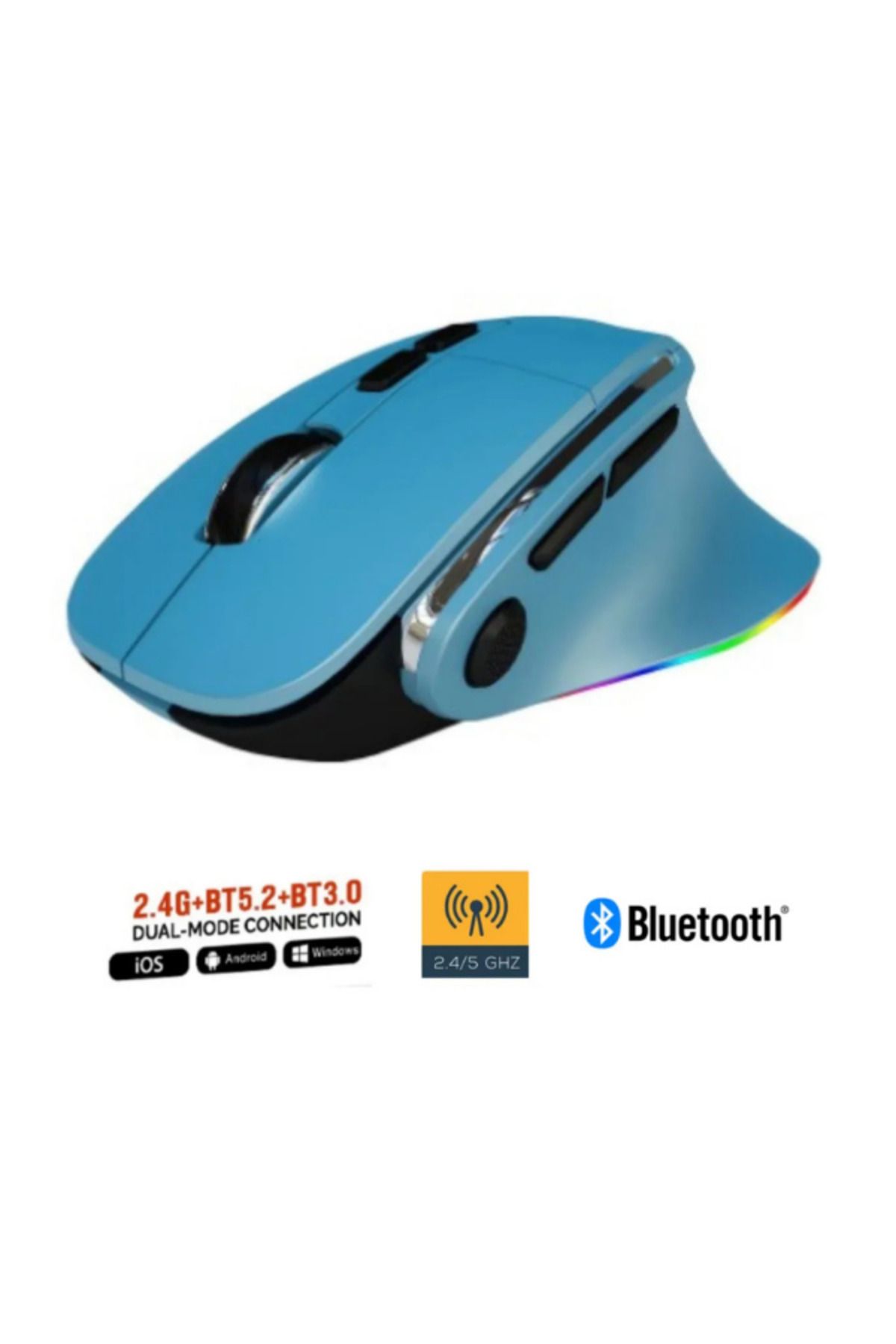 Hietech Kablosuz Ergonomik Zarif Tasarım Mouse RGB Dual Moude 2.4Ghz+BT5.0 Ofis ve Gaming Oyuncu Faresi