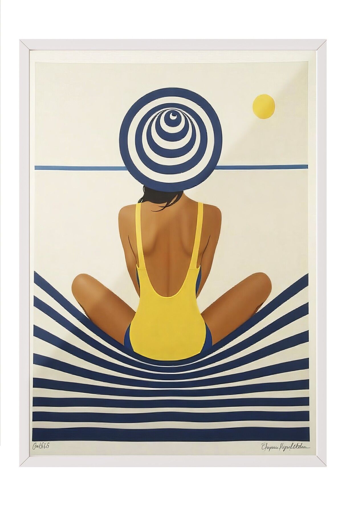 Postifull Beyaz Çerçeveli Poster, Plajdaki Kadın, İllüstrasyon, Sarı Renk Poster, 2025 Yaz Seçkisi, NO:109608