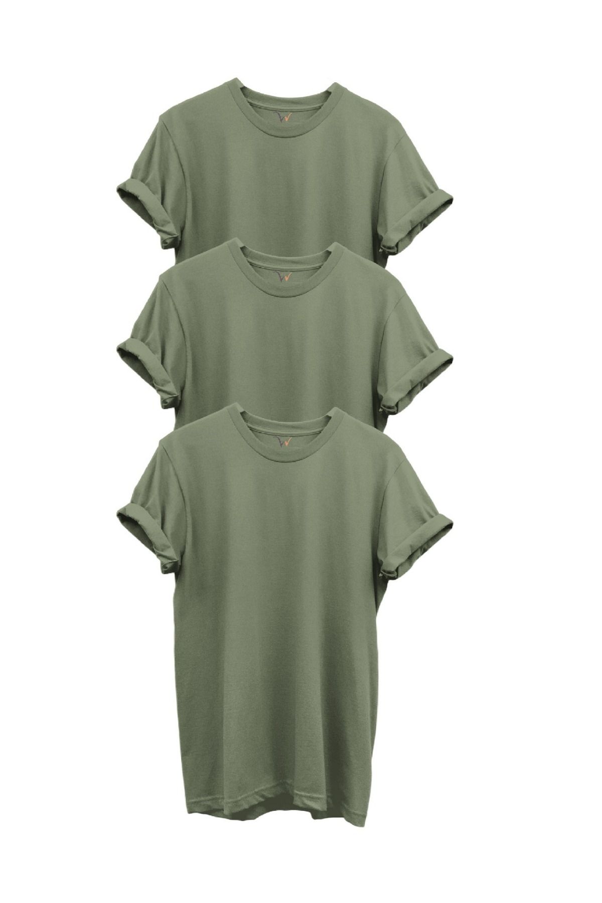 WİDİ 3'lü Haki %100 Pamuk Regular Fit Bisiklet Yaka Premium T-shirt