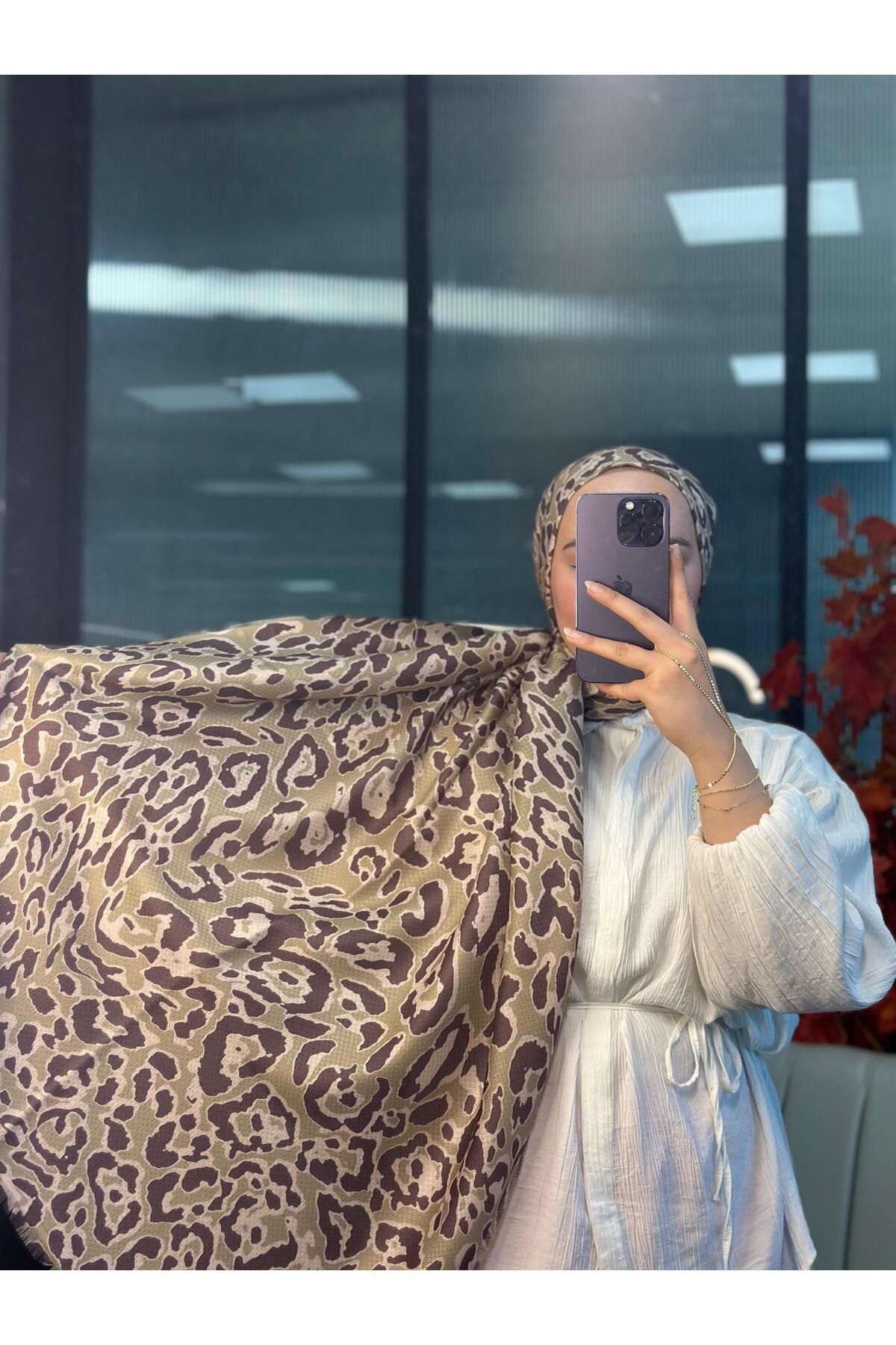 Oxygen Scarfs Ala Leopar Desen Naturel Pamuk Şal