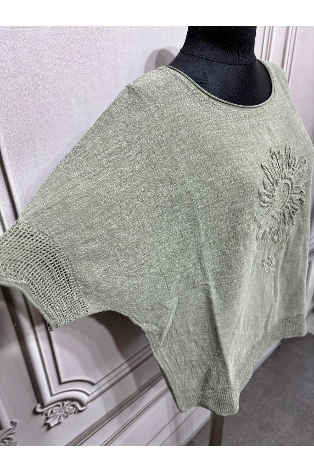 AGORATEKSTİL Kadın Oversize Kabartmalı Fileli %100 Keten Bluz