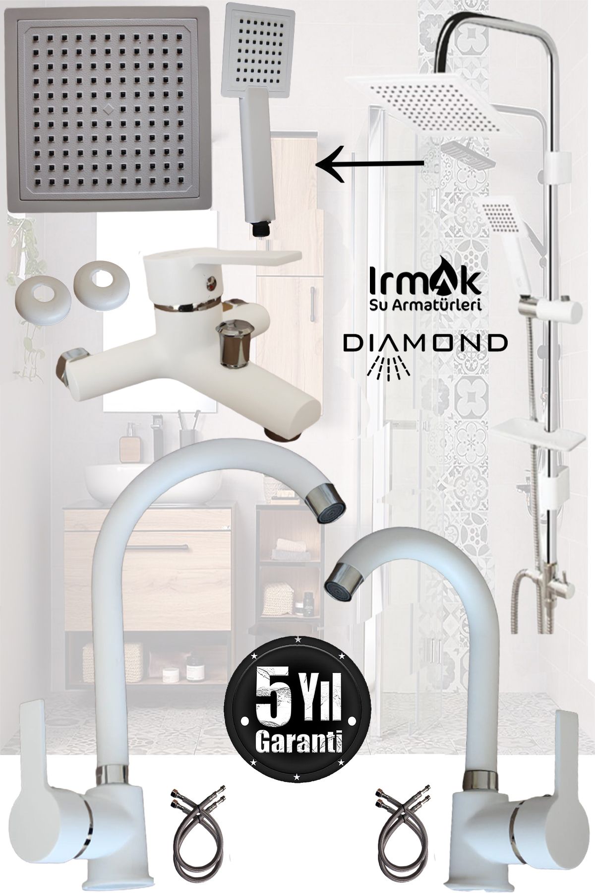 LPD LİDER Robot Tepe Duş Seti Mutfak Banyo Lavabo Bataryası Set Siyah Beyaz Krom Gold