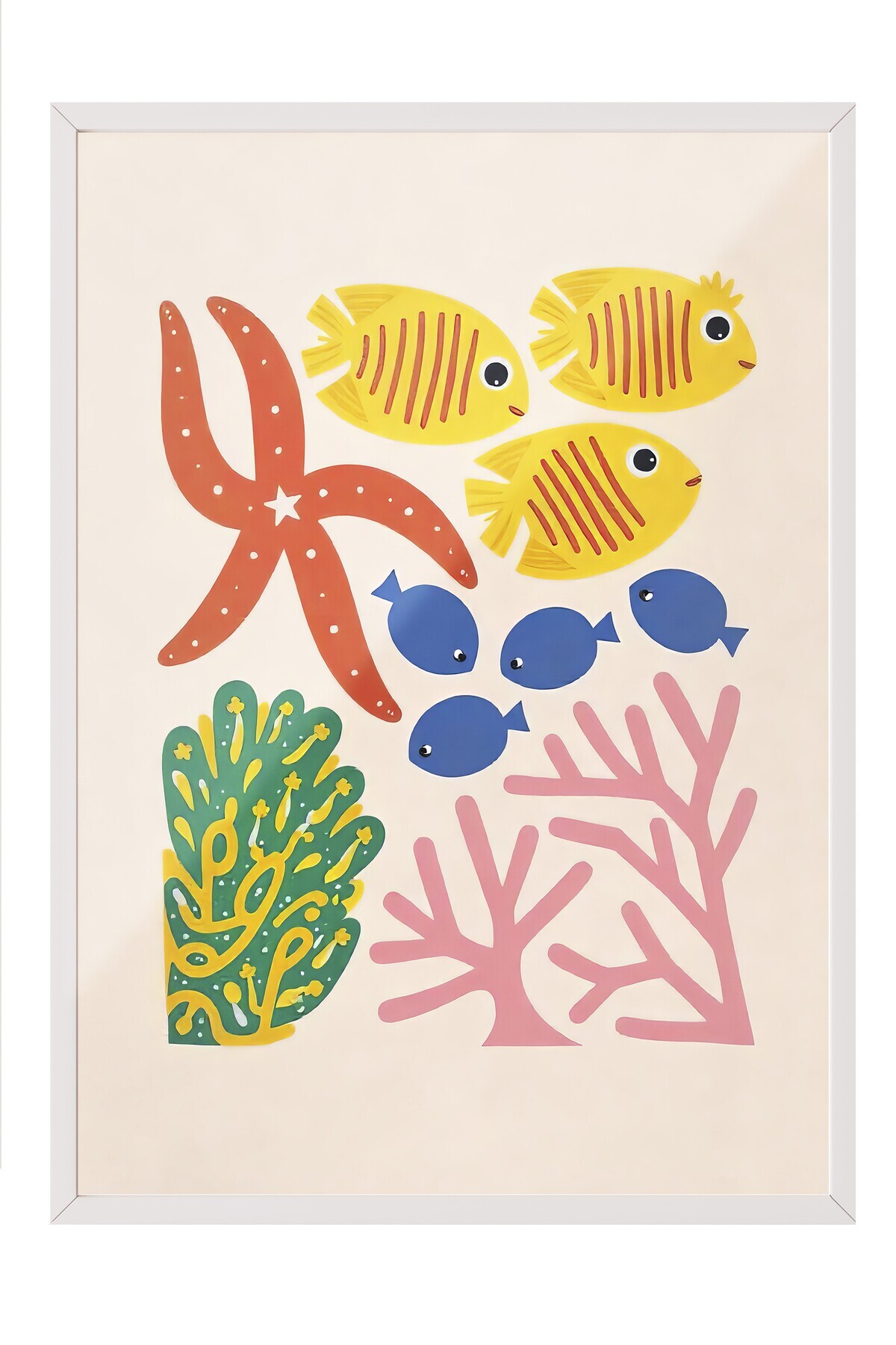 White Framed Poster Painting, Bottom of the Sea, Illustration, Maximalist, Yellow Color Poster, Choose Summer 2025