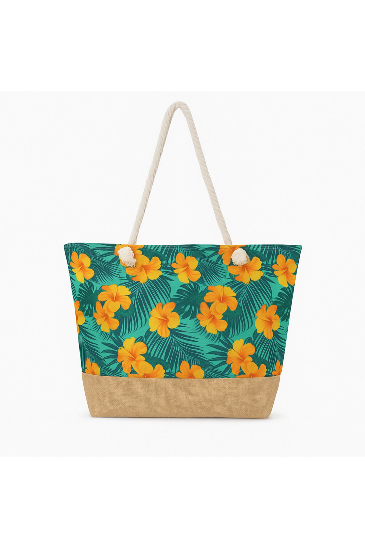 shop Turuncu Hibiskus Desenli Turkuaz Zemin Plaj Çantası – Jüt Taban, Halat Saplı, Geniş Boy