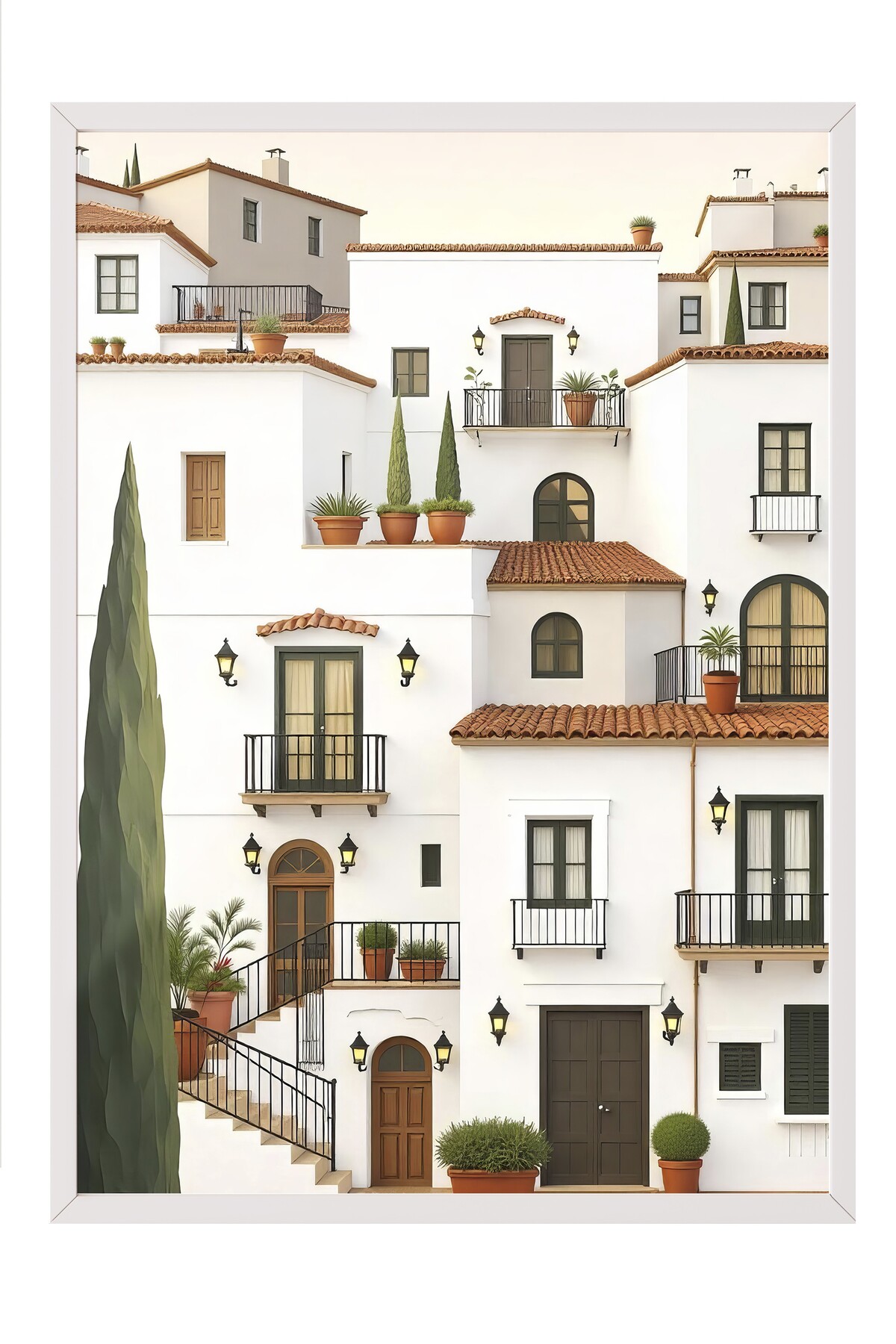 White Framed Painting, White Houses, Illustration, White Color Poster, 2025 Summer Selection, NO:109709