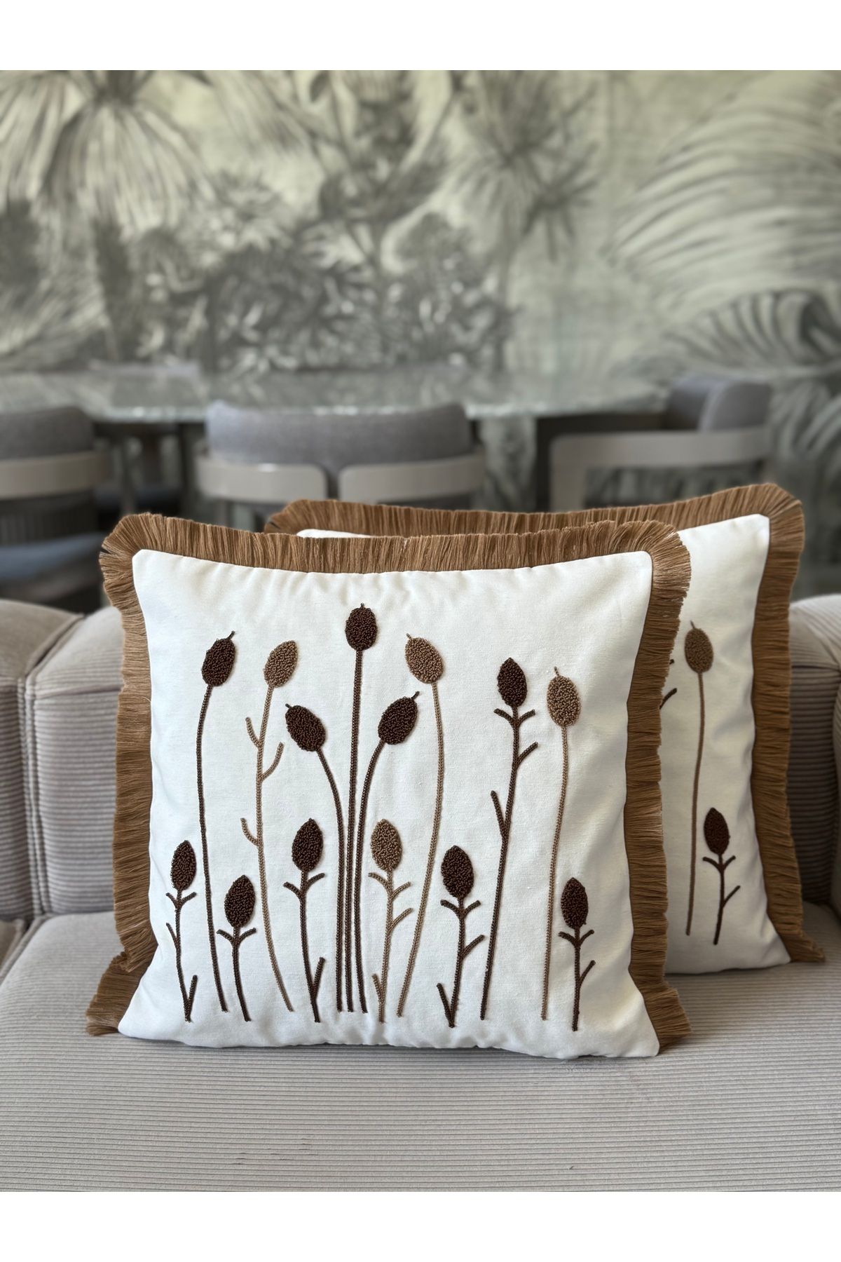 Skhome Sazlık Punch İşlemeli Saçaklı Kırlent Kılıfı 1 Adet 43x43cm(SPNC-14)