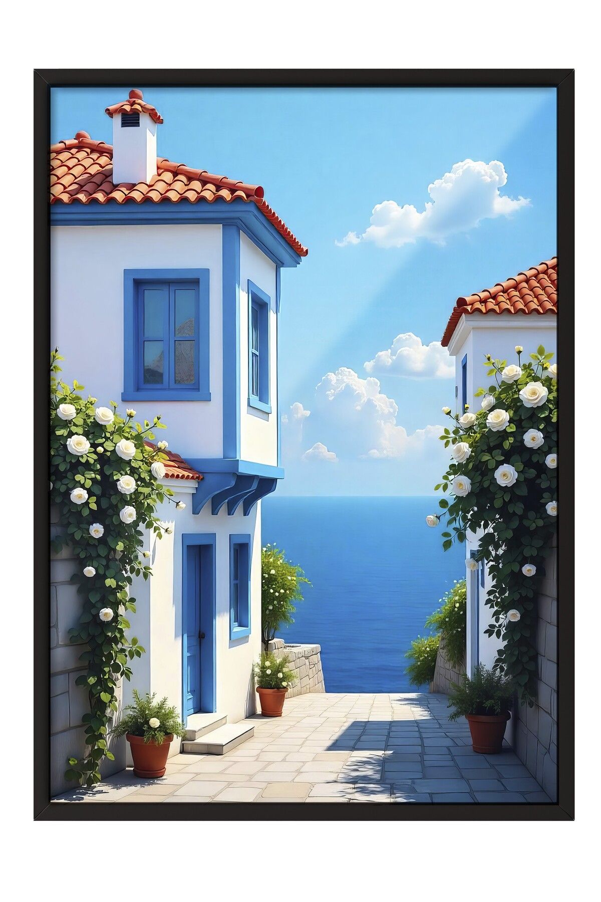 Postifull Siyah Çerçeveli Tablo, Deniz Manzaralı Ev, Fotoğraf, Mavi Renk Poster, 2025 Yaz Seçkisi, NO:109705