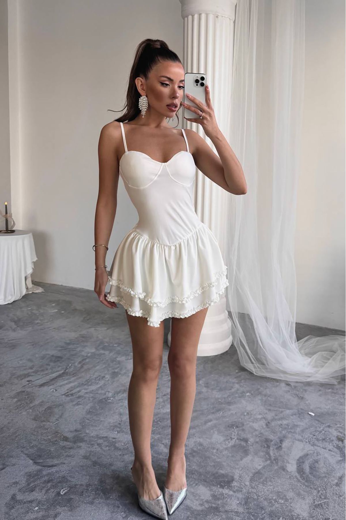 Neşeli Butik kadın gloplu fırfır detaylı mini elbise NBDF043