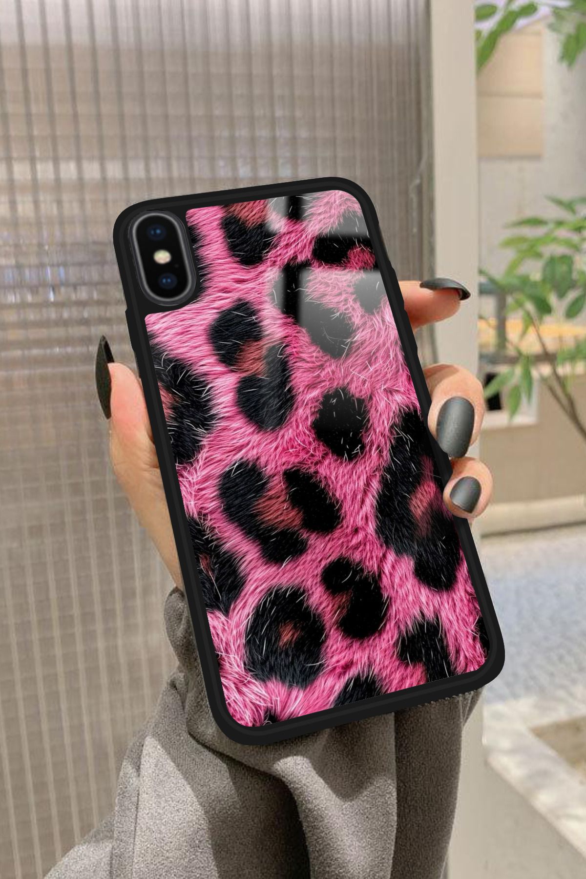 Snacase iPhone Xs Uyumlu Pembe Leopar Tasarımlı Glossy Premium Kılıf