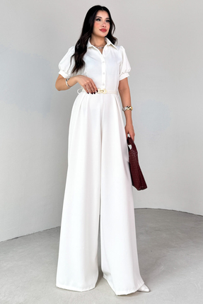 Neşeli Butik kadın gömlek yaka kemerli geniş paça tulum NBK4197