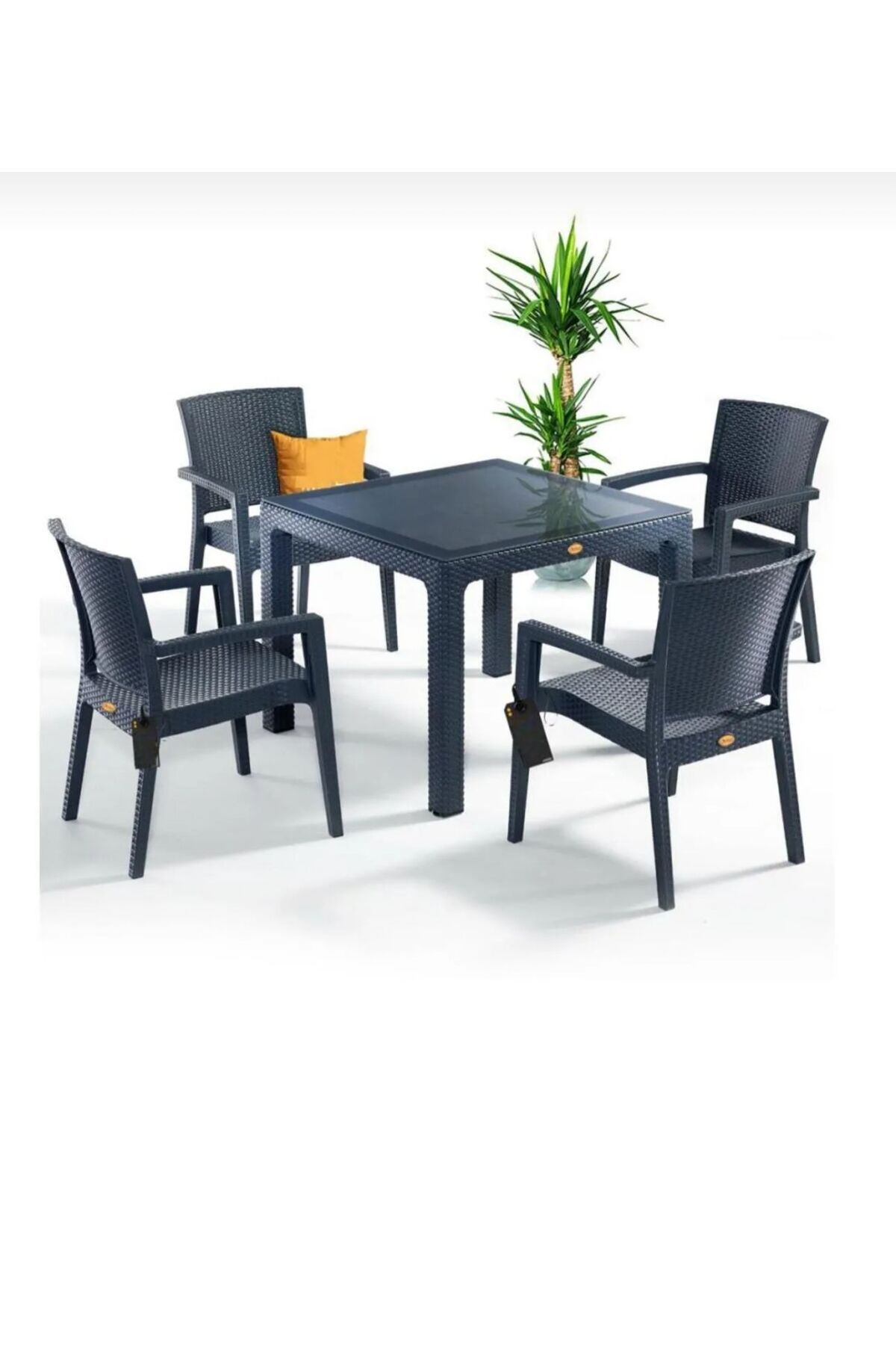 holzwelt 4 Kişilik Bahçe Balkon Takımı Masa Sandalye Seti Rattan Sandalye 90x90 Camlı Masa Plastik