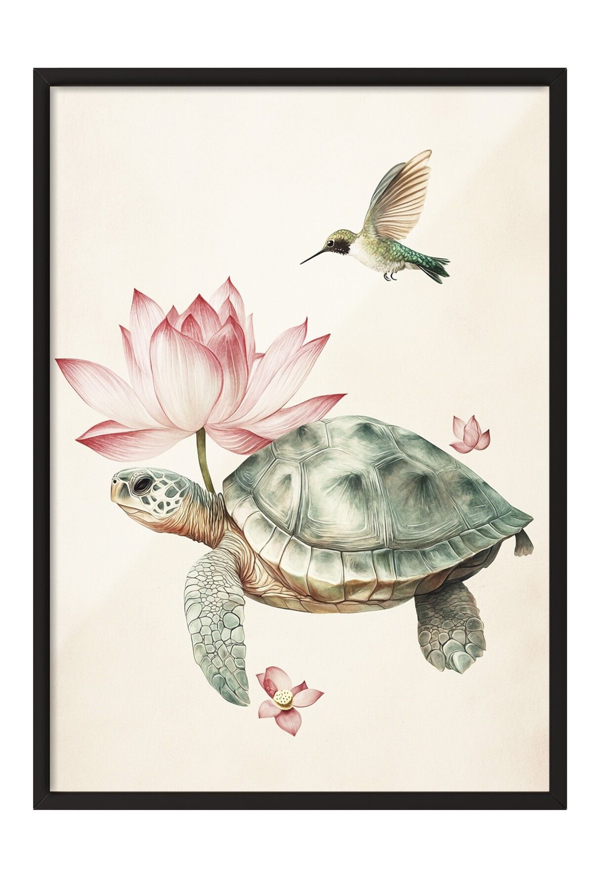 Postifull Siyah Çerçeveli Tablo, Kaplumbağa, Sinek Kuşu, Lotus, İllüstrasyon, Pastel Tonlar Renk Poster, 2025