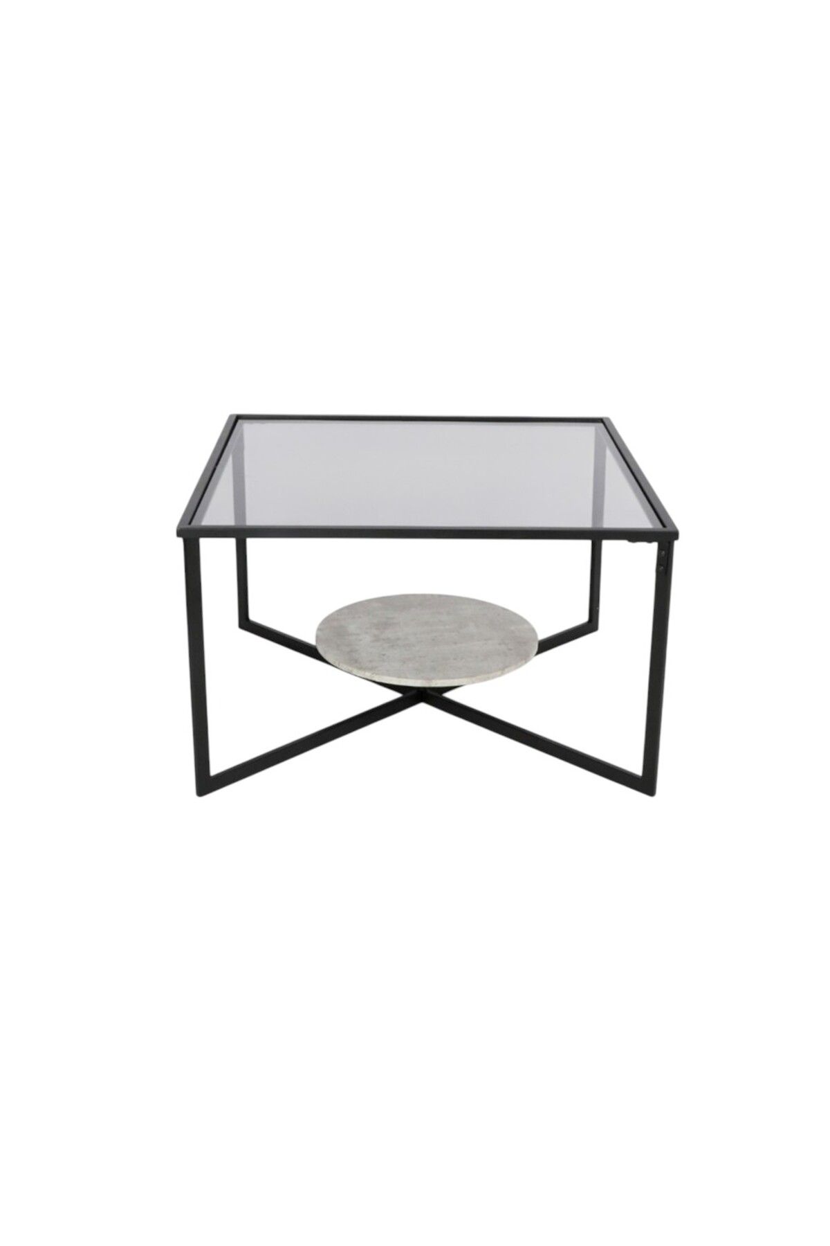 mr-everything-A square coffee table with a bold, modern design, combining a black glass top, a gray lower shelf, and a black metal base. 2