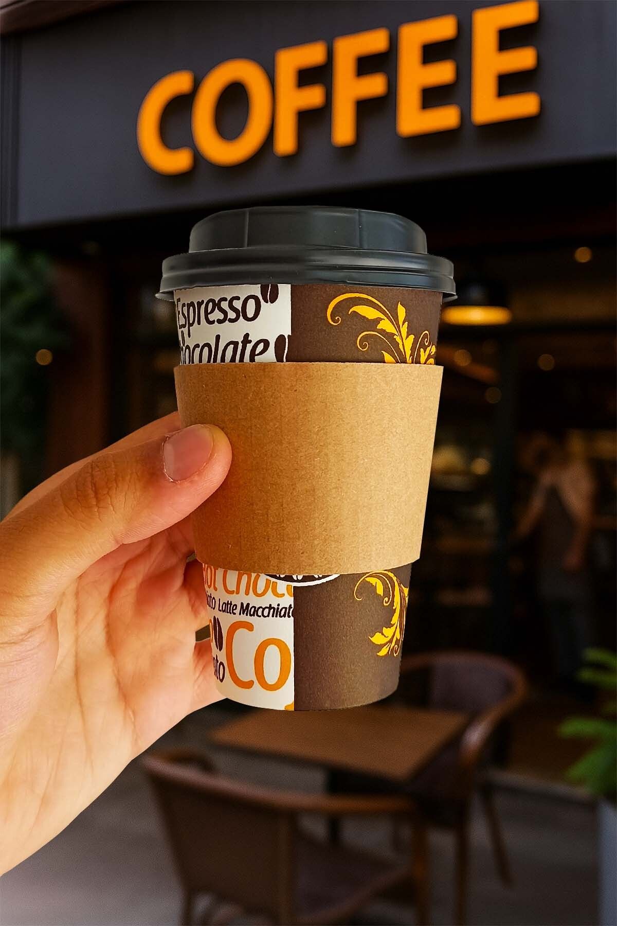 Afra Tedarik 300 ml Siyah Kapaklı Tutamaçlı Karton Bardak 12 oz Latte Kahve Kağıt Kaliteli Bardak Sleeve 100'lü