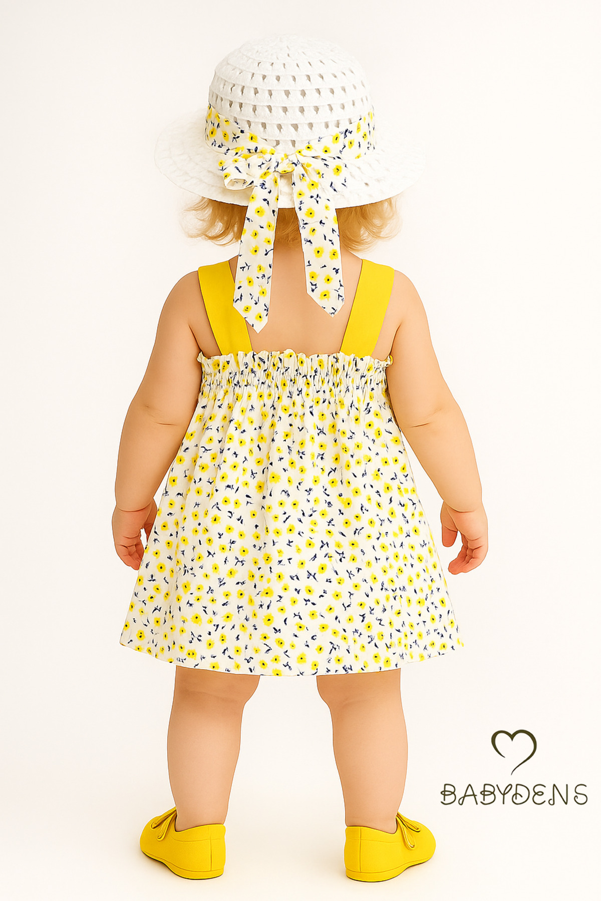 BABYDEN'S Kız Bebek Çiçek Desenli Fiyonklu Yazlık Elbise Şapkalı Takım Pamuklu Sarı Çiçekli Bebek Kombini fotoğrafı 2 (önizleme)