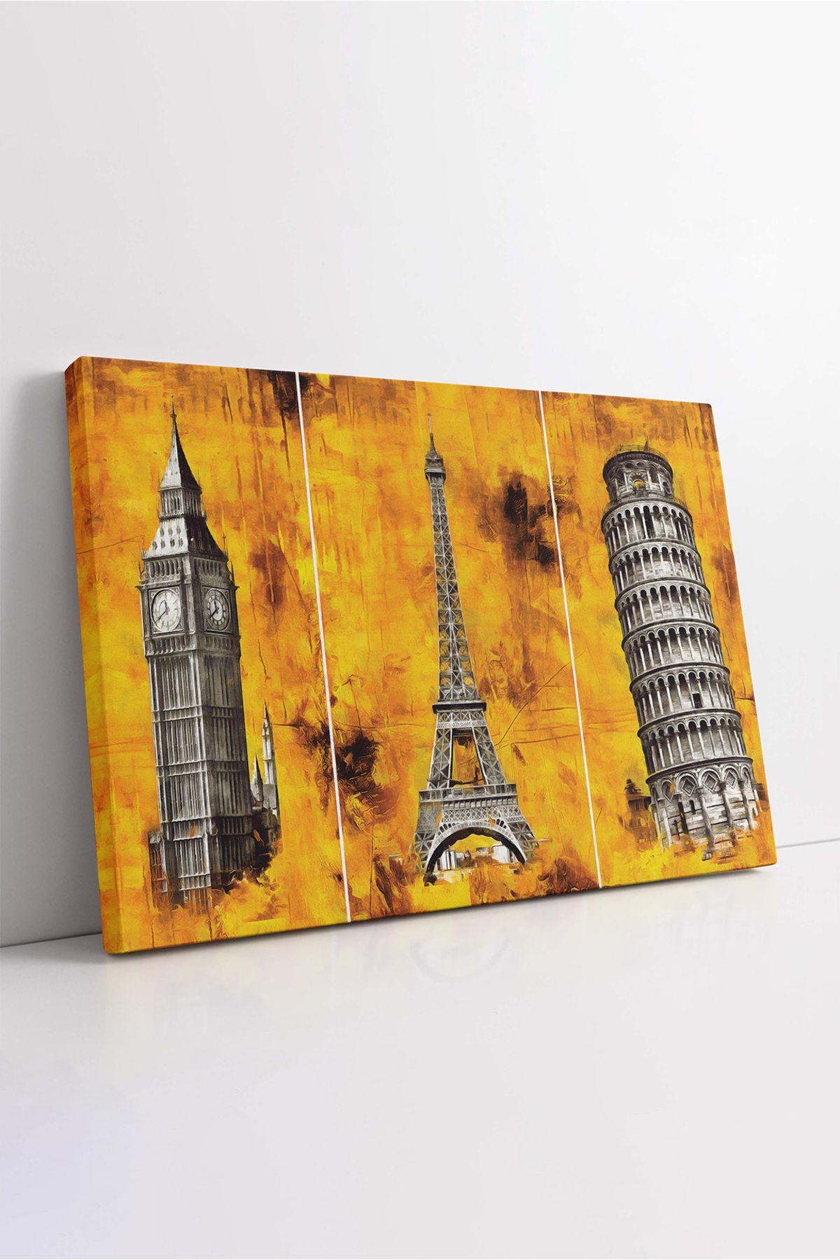KOSS Dijital Big Ben Eiffel Pisa Kanvas Tablo, İngiltere Kanvas, Fransa Tablo, İtalya Kanvas, Sarı Tablo