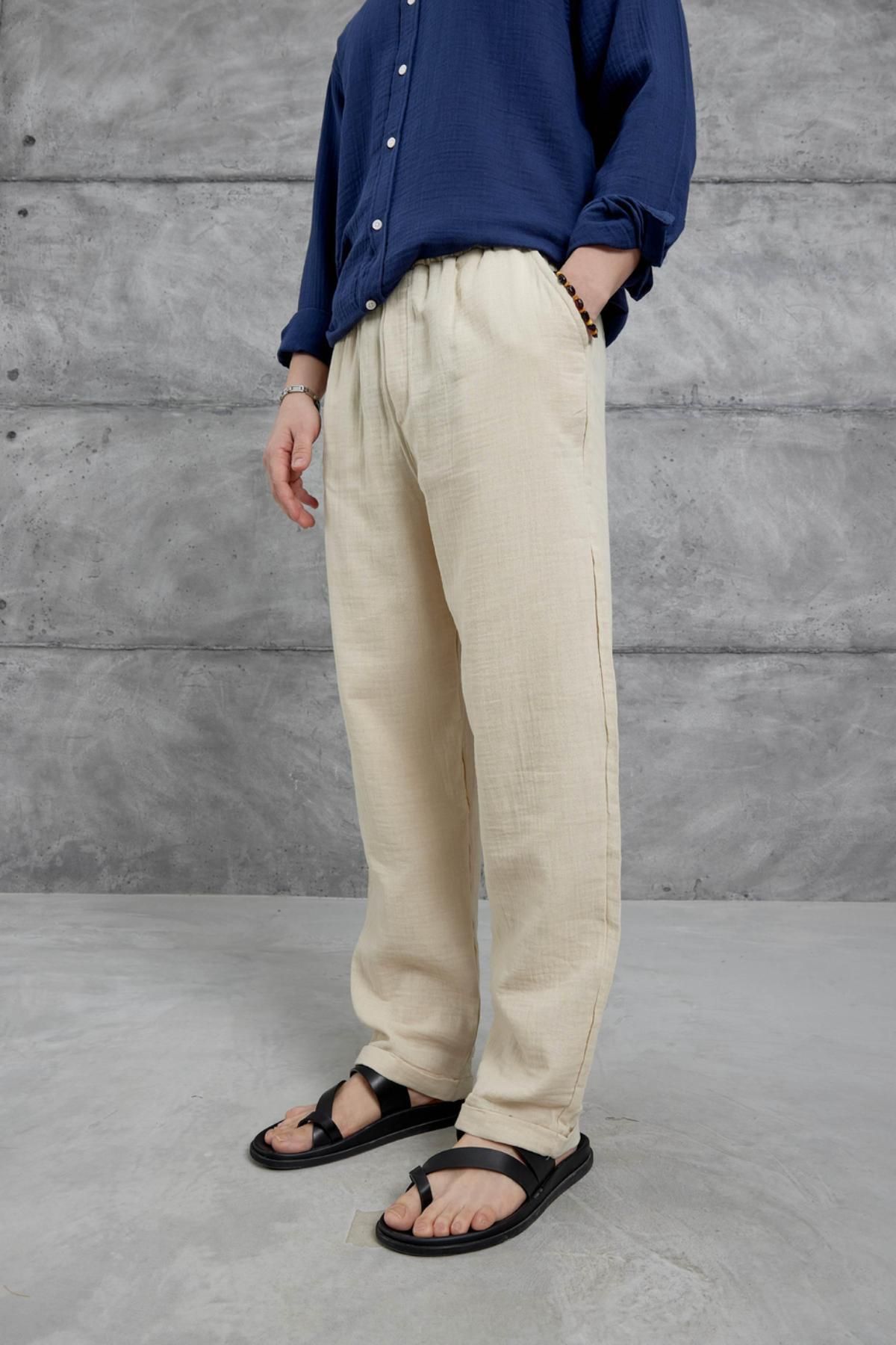 NO 601 Erkek Bej Yazlık Müslin Keten Karışımlı Kumaş Rahat Kesim Pantalon