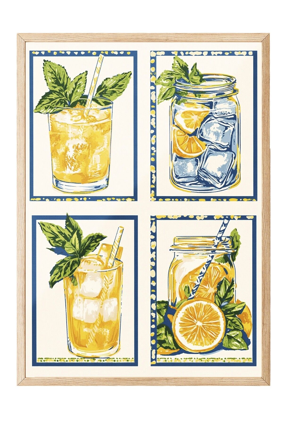Postifull Ahşap Çerçeveli Tablo, Cam, Kavanoz, Limon, İllüstrasyon, Retro, Sarı, Mavi Renk Poster, 2025 Yaz Se