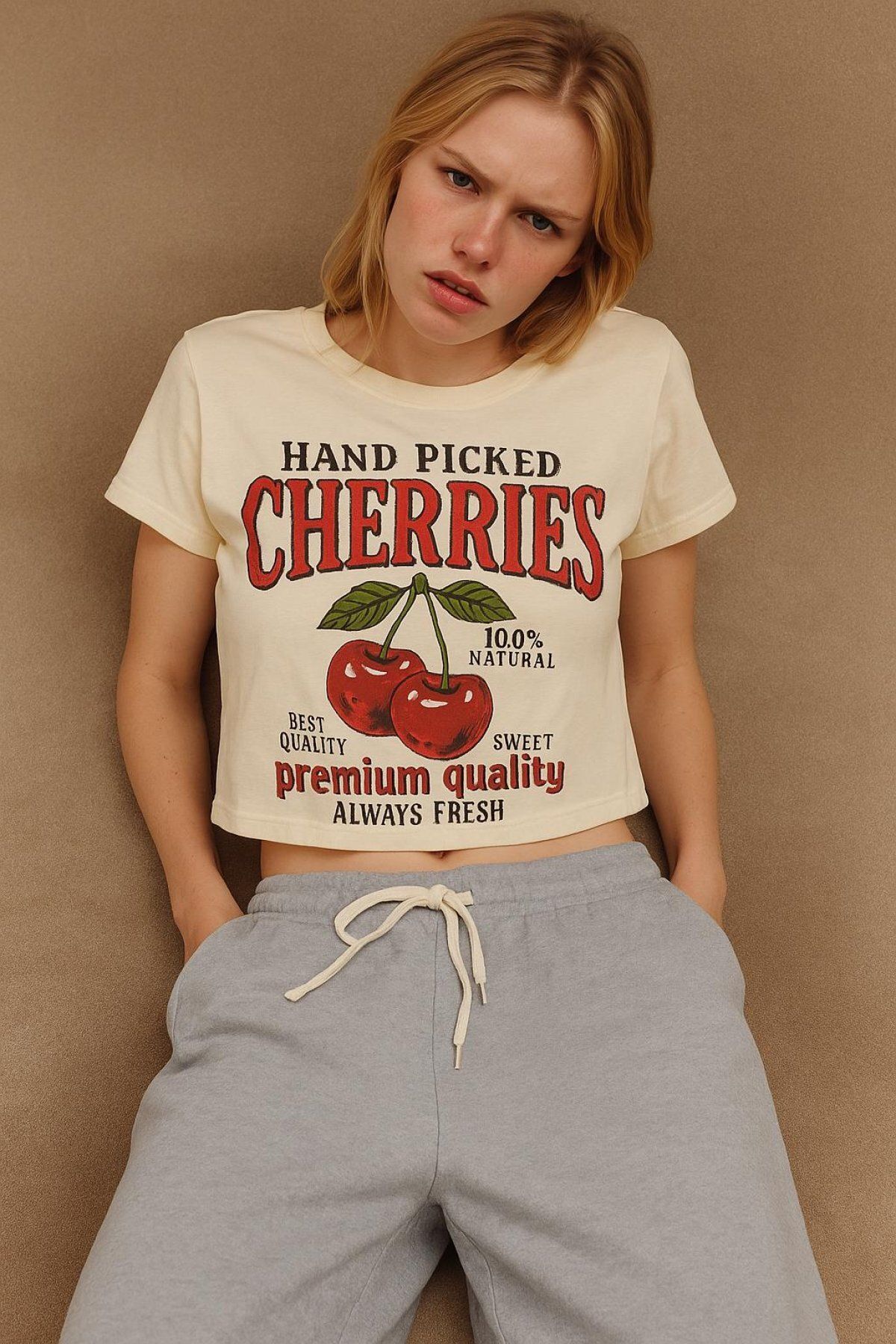 HAKKE Bisiklet Yaka Oversize Cherries Baskılı T-SHIRT