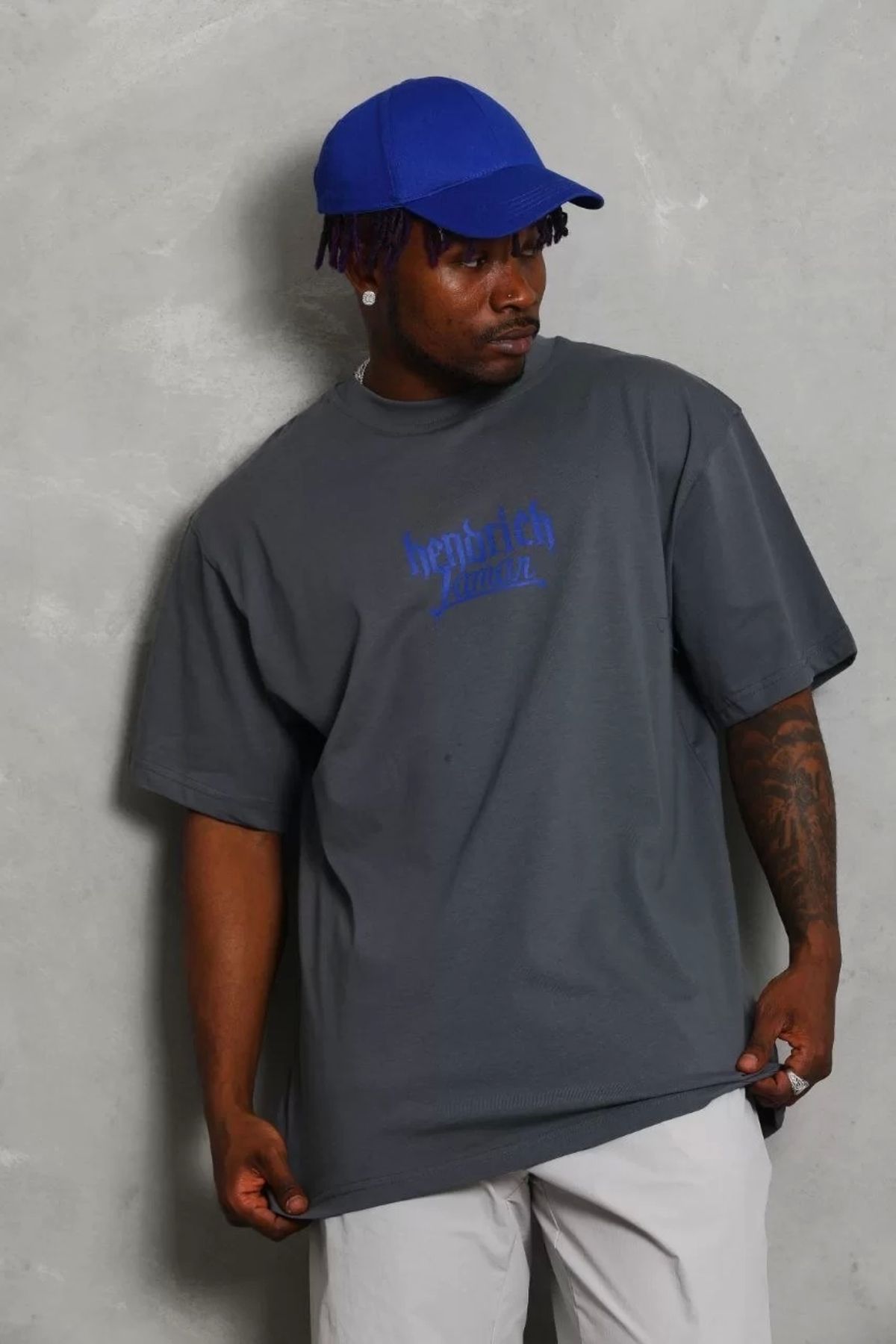 CanselButik Unisex Oversize Baskılı Bisiklet Yaka T-Shirt - Füme