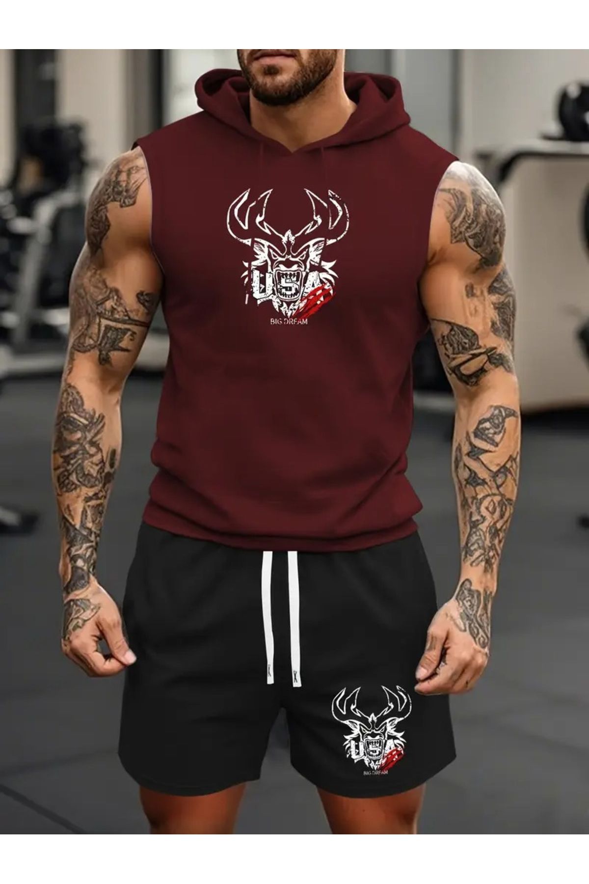 ACTIVE MODA -ERKEK GYM SPOR ATLET-ŞORT 2Lİ TAKIM PAMUKLU BASKILI