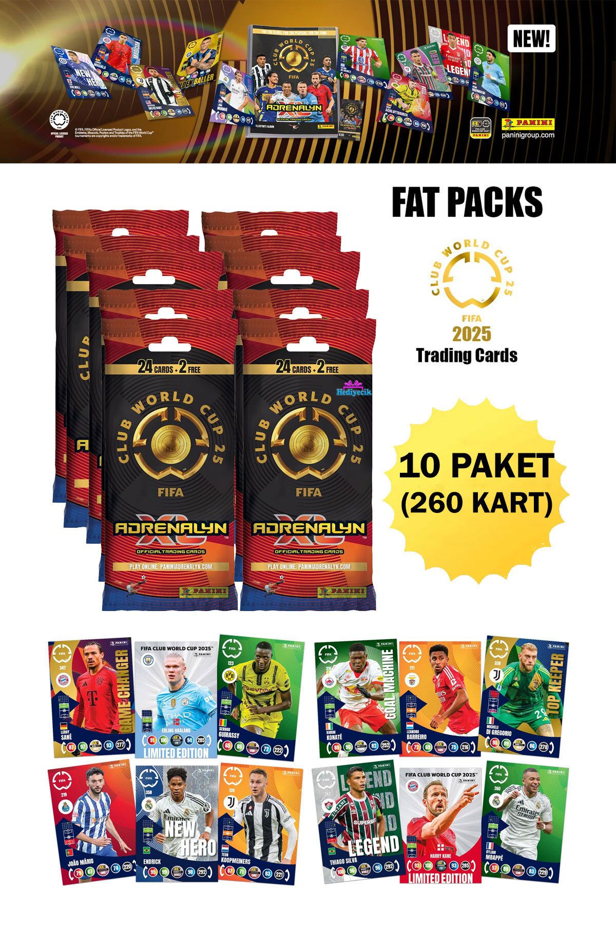 hediyecik Panini Fifa Club World Cup 2025 Fat Pack Tc Paket Futbolcu Kartları 10 Paket (260 Kart)