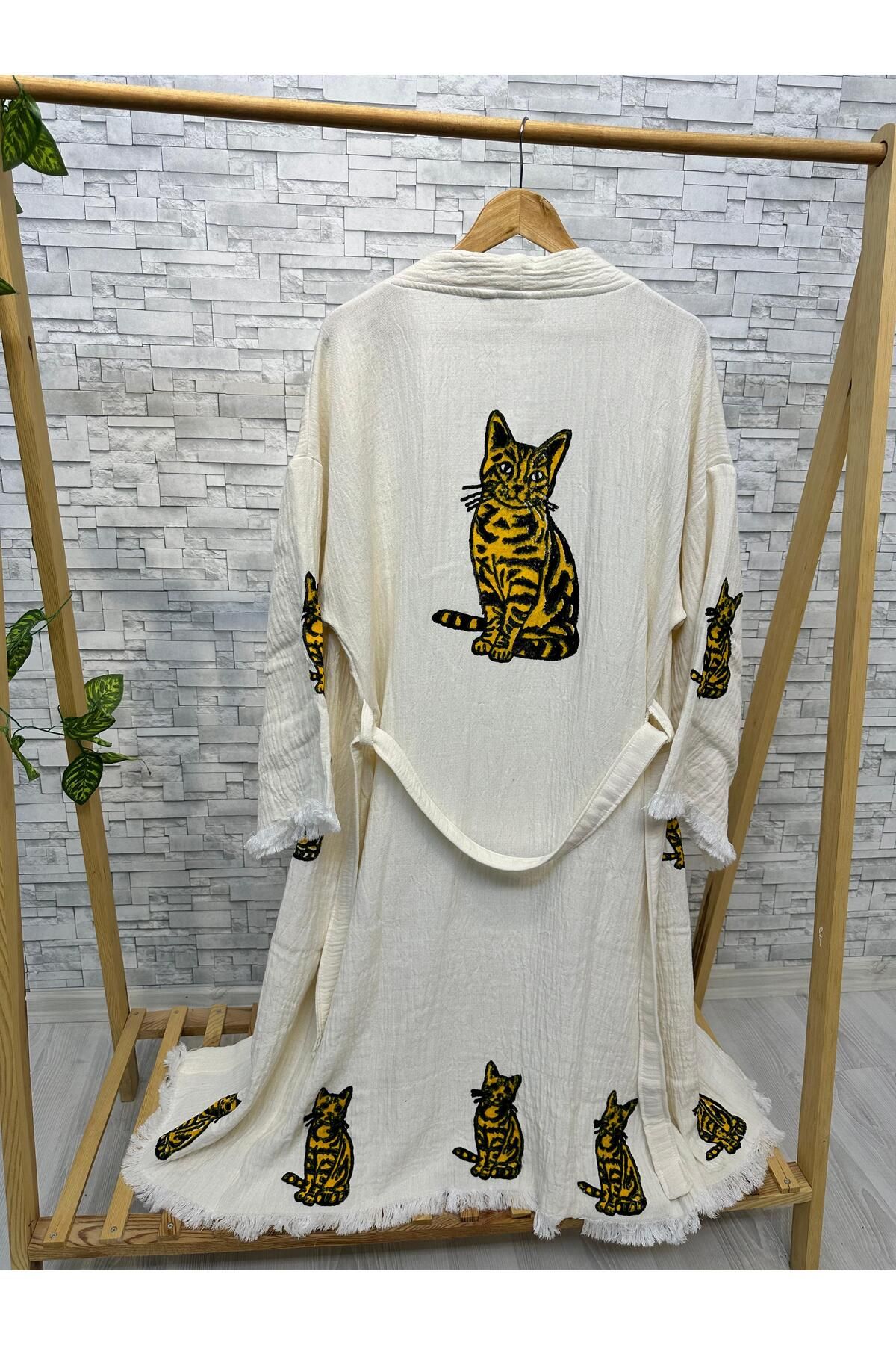 Befera Design Müslin Kimono %100 Pamuklu Kedi Baskılı Desenli Bornoz Kaftan Sabahlık
