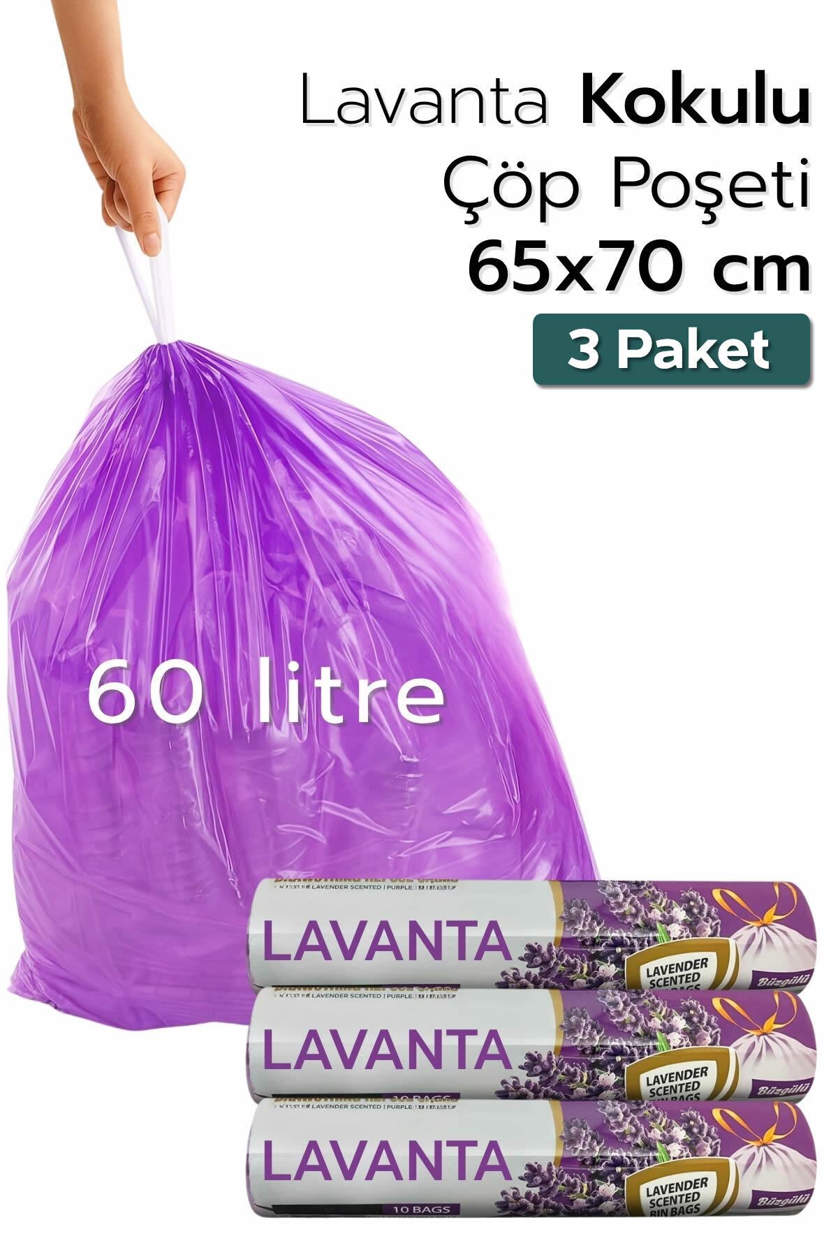 ARVALE Büyük Boy 65X70 Lavanta Kokulu Büzgülü Çöp Poşeti 30 Adet ( 3 PAKET ) Çöp Torbası 60 Litre