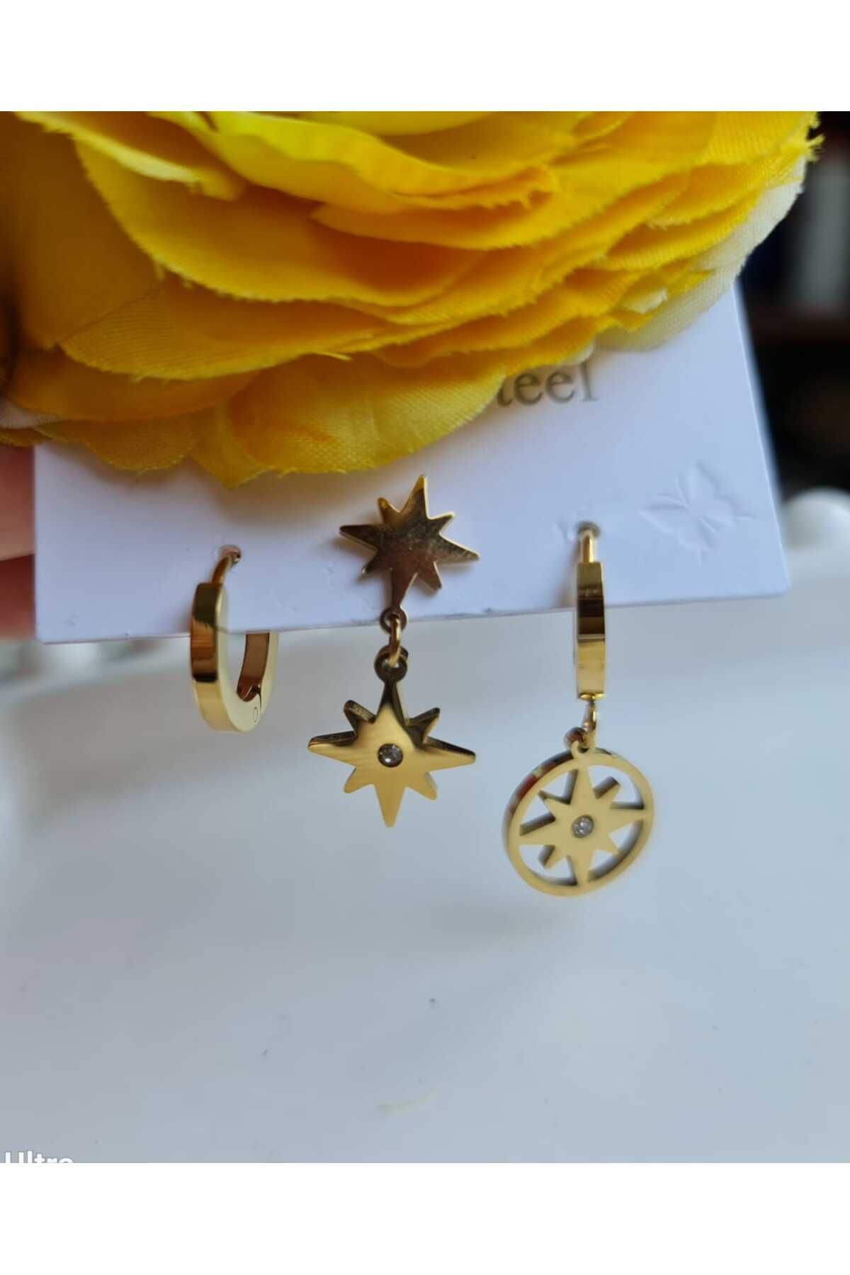 Store 316L Yıldız Temalı Zirkon Taş Detaylı Paslanmaz Çelik Gold Küpe