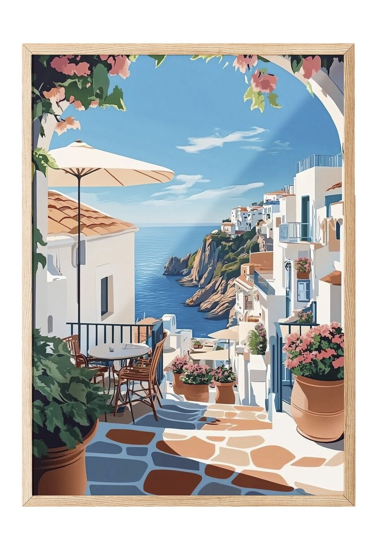 Postifull Ahşap Çerçeveli Tablo, Teras, Okyanus, Çiçekler, Düz İllüstrasyon, Modern, Mavi, Beyaz Renk Poster,