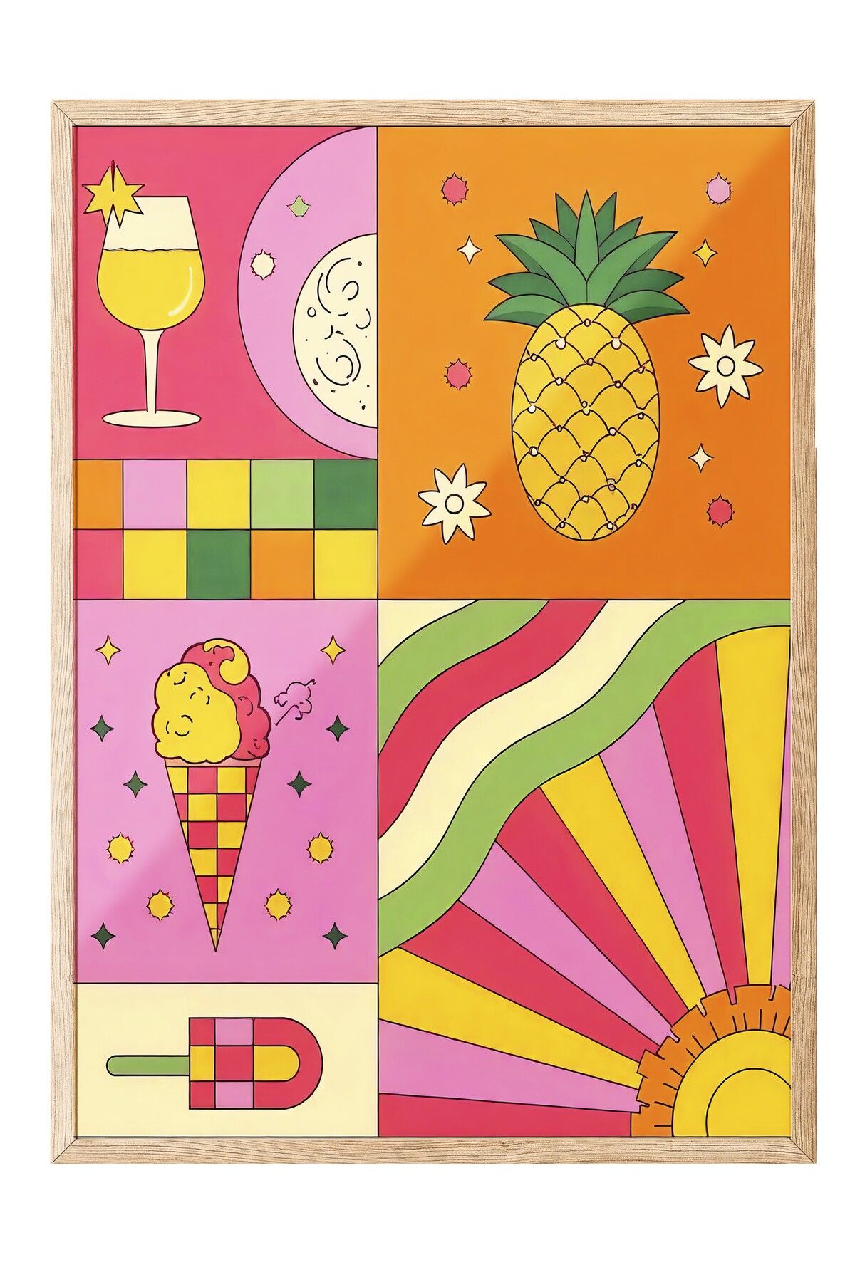 Postifull Ahşap Çerçeveli Tablo, Yaz Öğeleri, İllüstrasyon Maximalist, Pembe Renk Poster, 2025 Yaz Seçkisi, NO