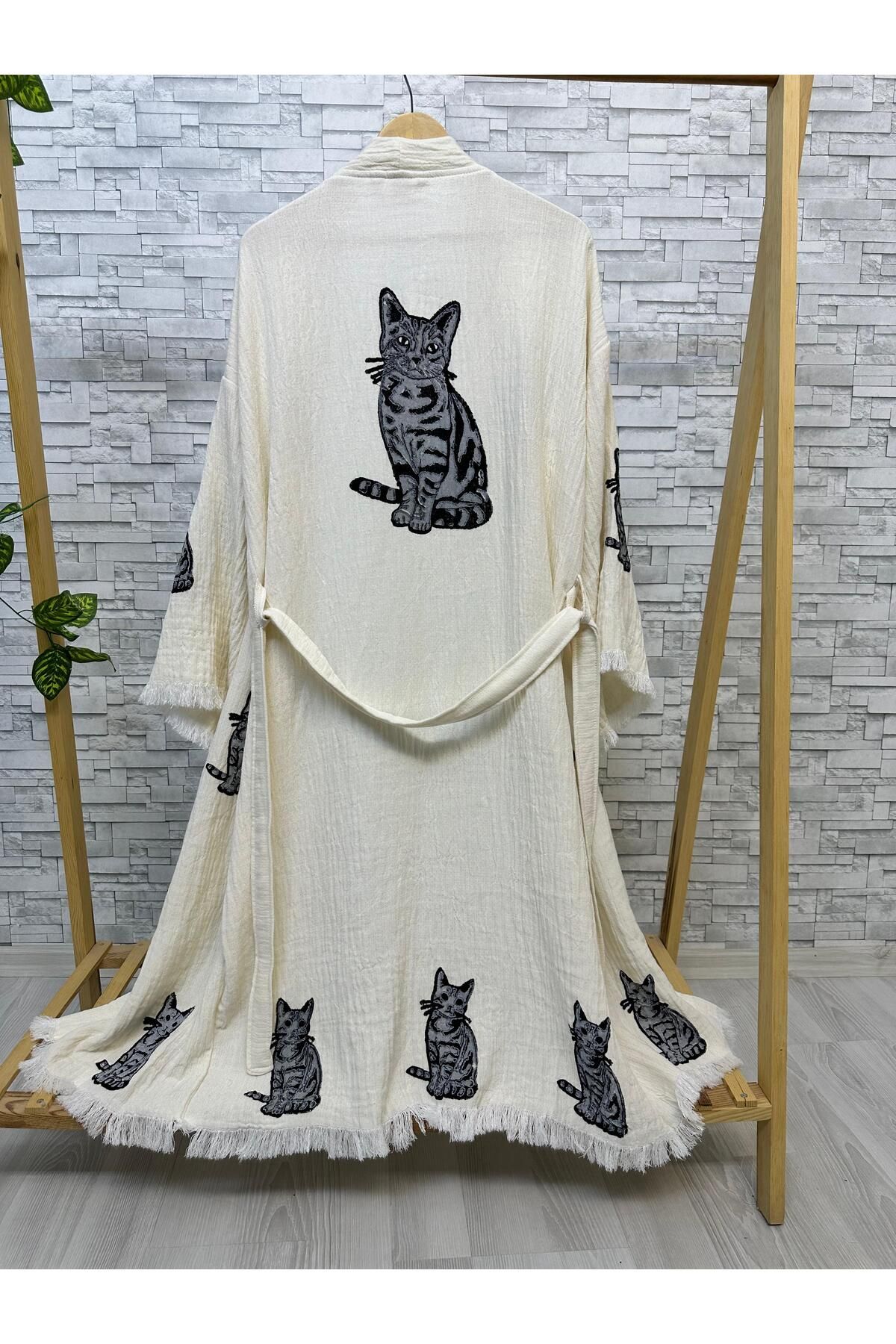 Befera Design Müslin Kimono %100 Pamuklu Kedi Baskılı Desenli Bornoz Kaftan Sabahlık