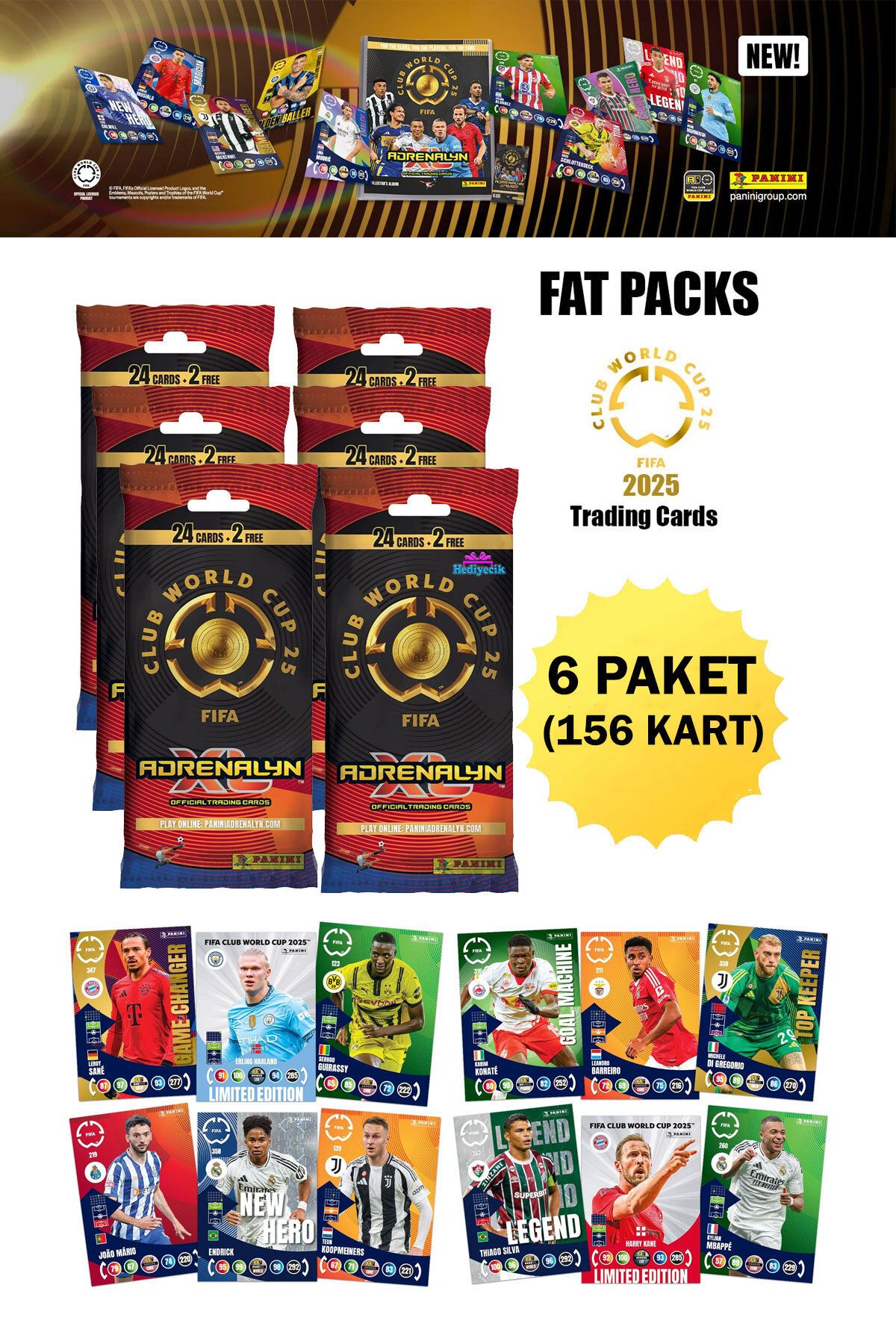 hediyecik Panini Fifa Club World Cup 2025 Fat Pack Tc Paket Futbolcu Kartları 6 Paket (156 Kart)