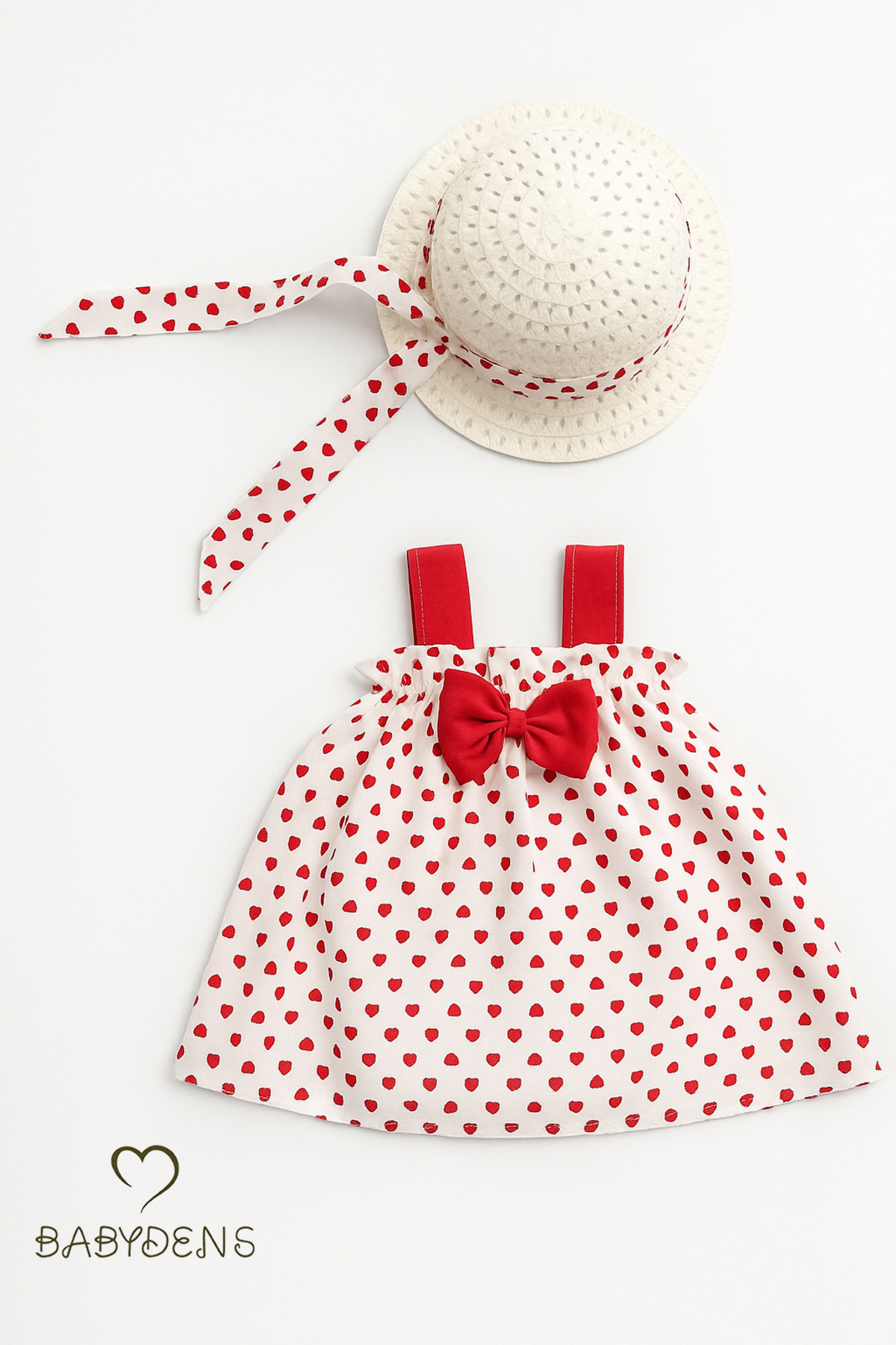 BABYDEN'S Kız Bebek Kalp Desenli Fiyonklu Yazlık Elbise Şapkalı Takım - Kırmızı Beyaz Pamuklu Bebek Elbisesi fotoğrafı 3 (önizleme)