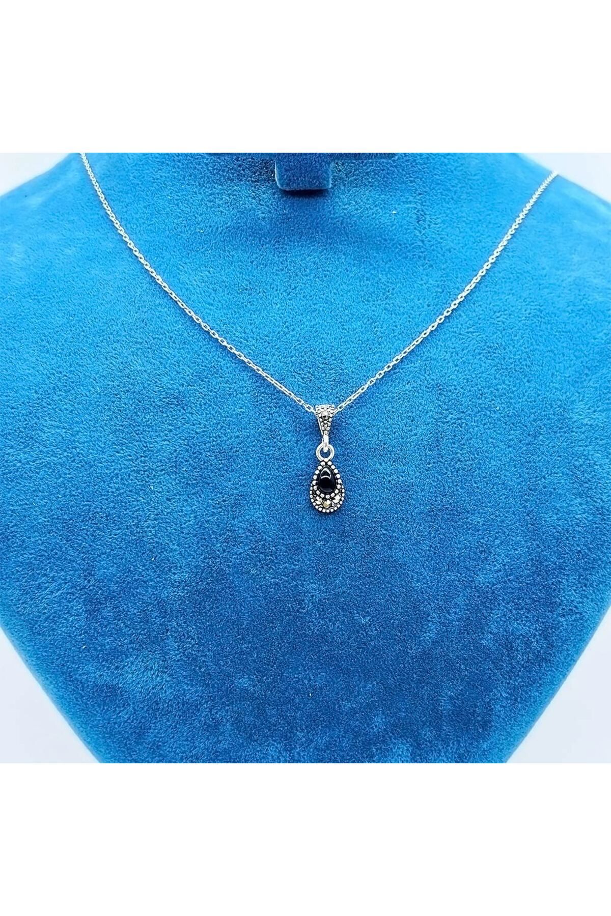 tesbihpasaji Zirkon Oltu Taşı İşçilikli 925 Ayar Gümüş Kolye