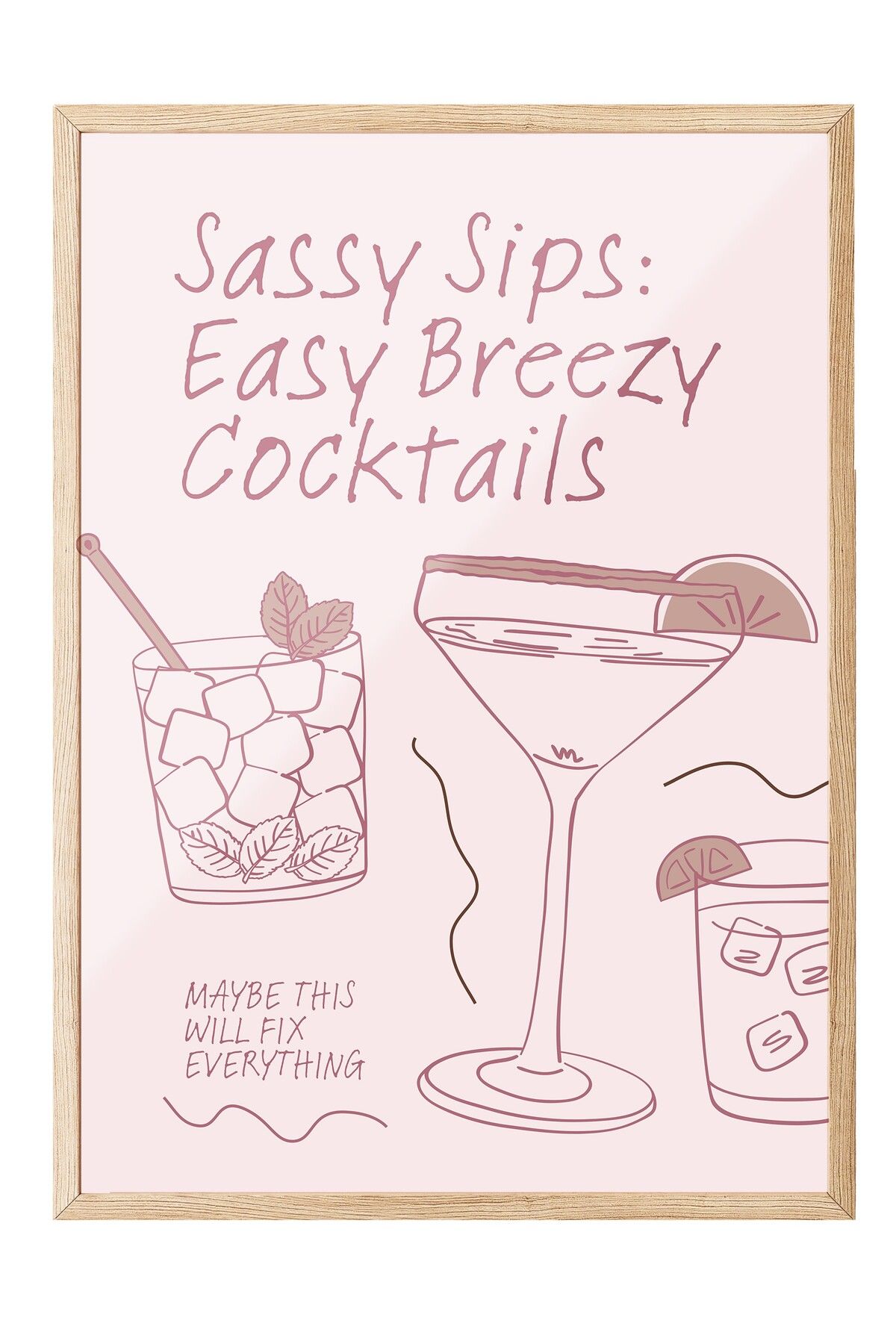 Postifull Ahşap Çerçeveli Tablo, Kokteyller, Metin, illüstrasyon, Minimalist, Pembe, Pastel Tonlar Renk Poster