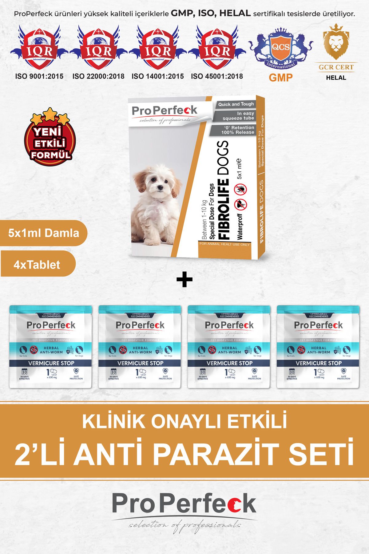 pro perfeck Etkili 1-10 Kg Köpek İç Dış Parazit Seti Herbal 5 Damla 4 Tablet