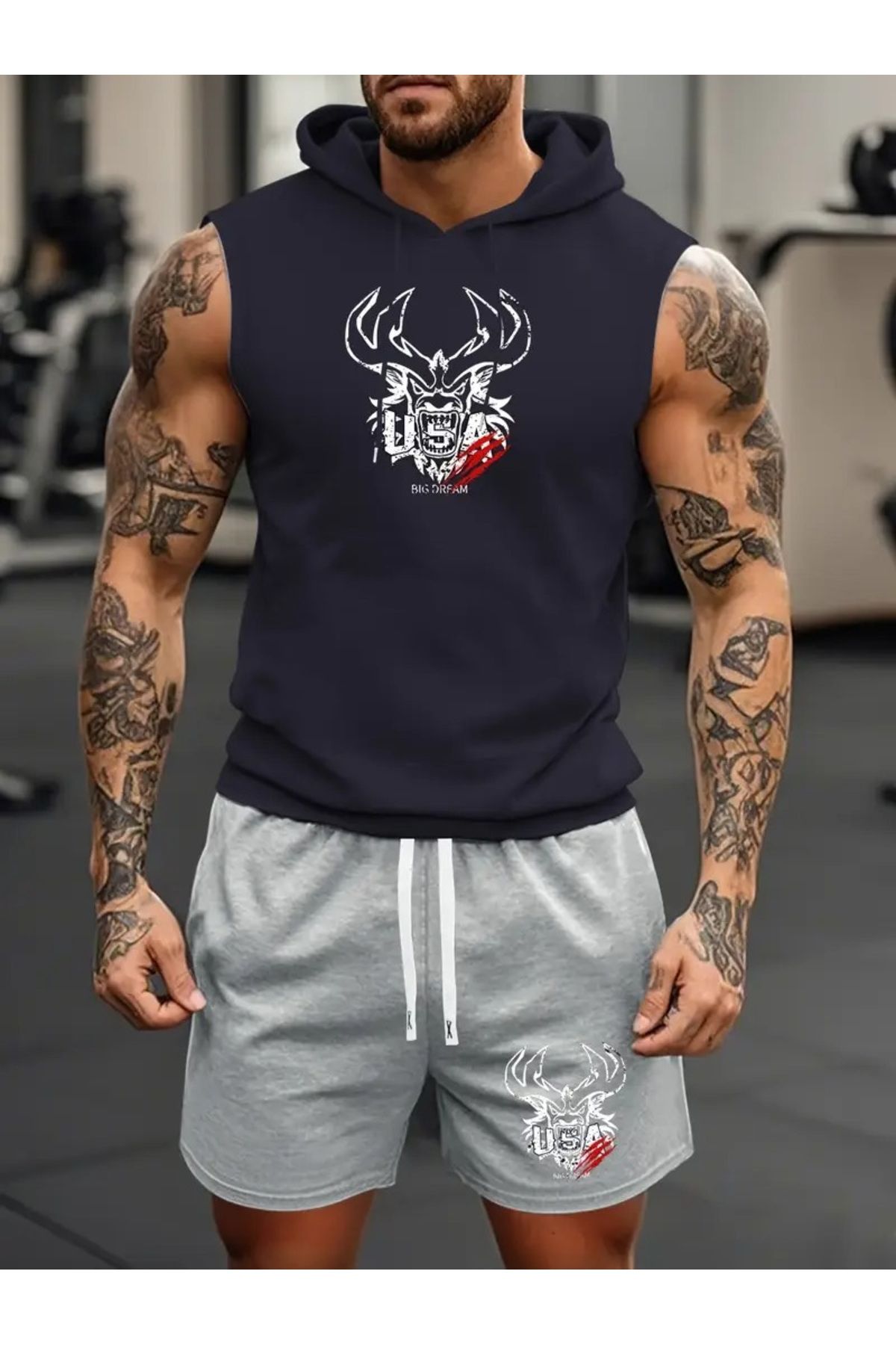 ACTIVE MODA -ERKEK GYM SPOR ATLET-ŞORT 2Lİ TAKIM PAMUKLU BASKILI