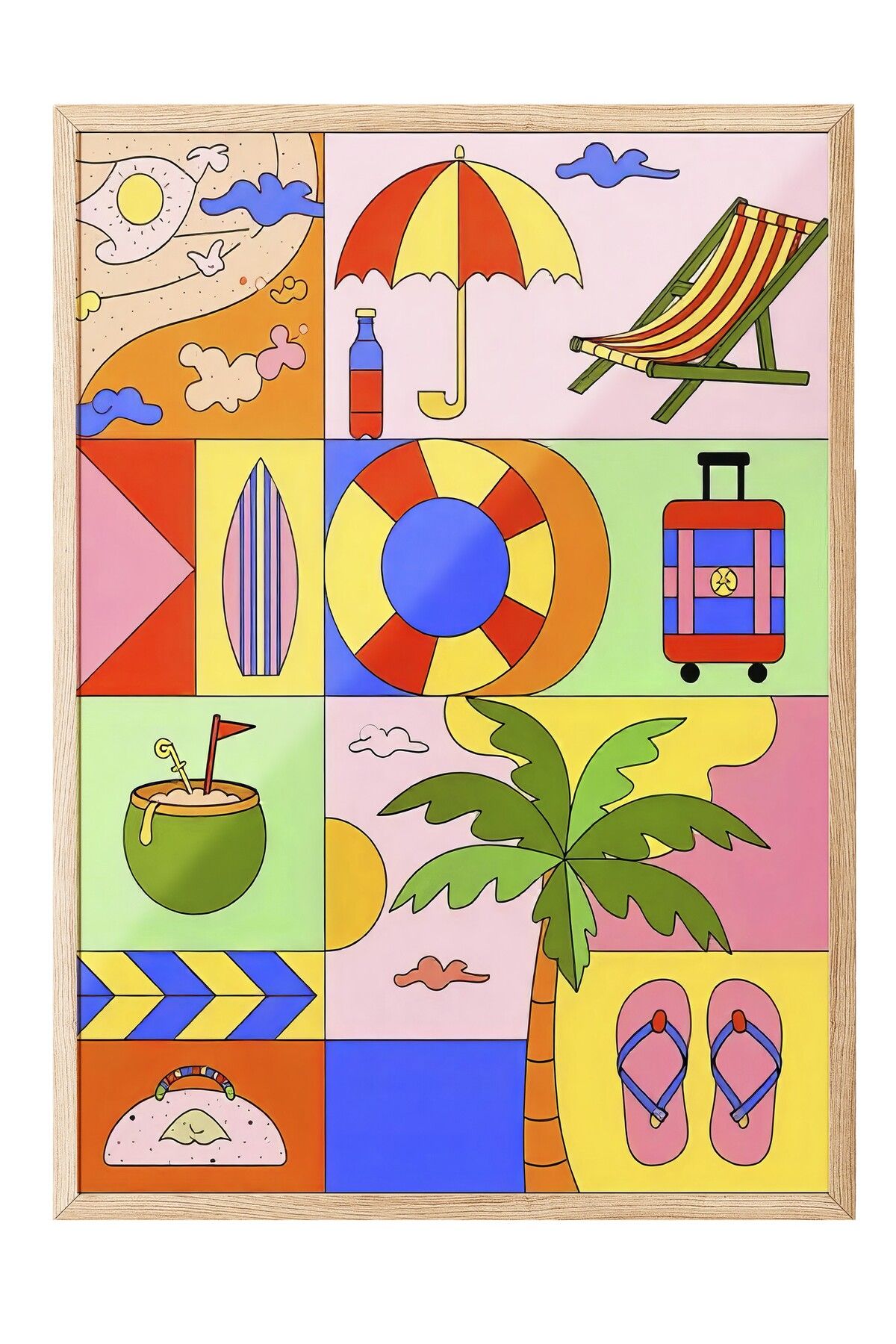 Postifull Ahşap Çerçeveli Tablo, Yaz Öğeleri, İllüstrasyon Maximalist, Pembe Renk Poster, 2025 Yaz Seçkisi, NO